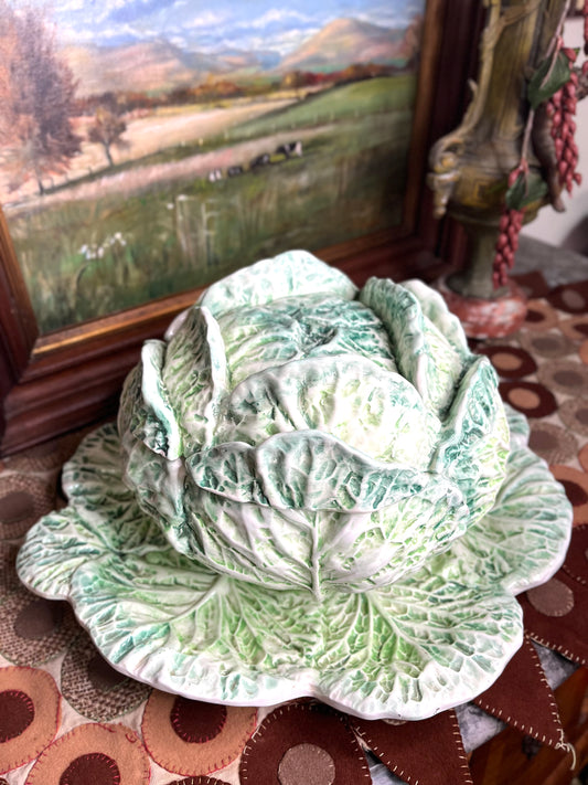 Amazing Hand Painted Large Vintage Italian Cabbageware Tureen And Under Plate