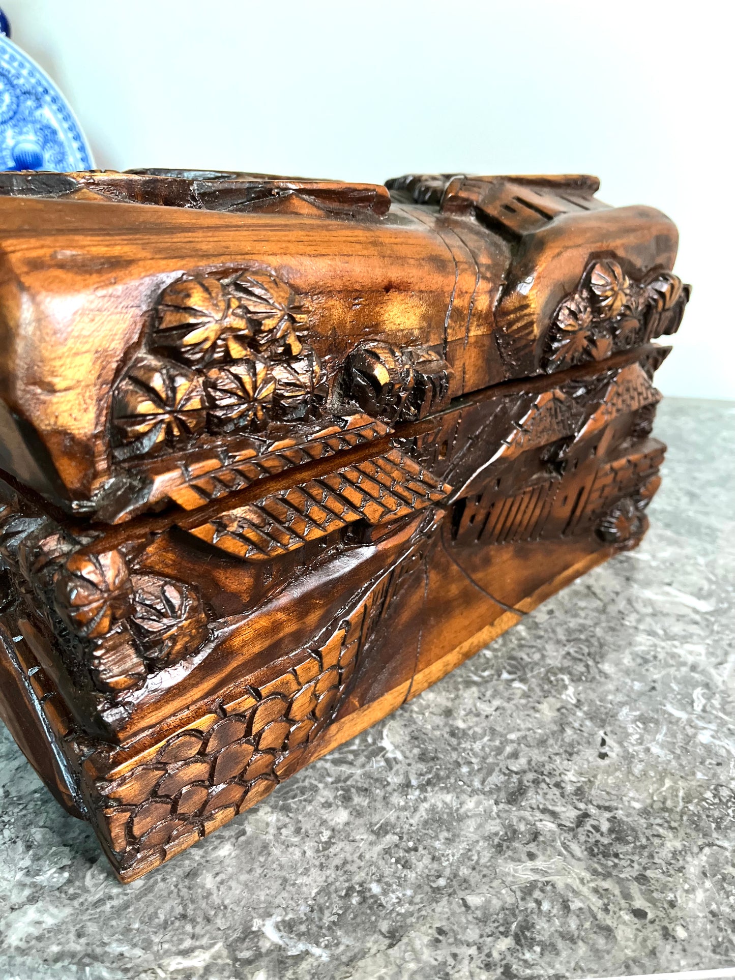 Unique Vintage Hand Carved Mahogany Asian Solid Wood Box