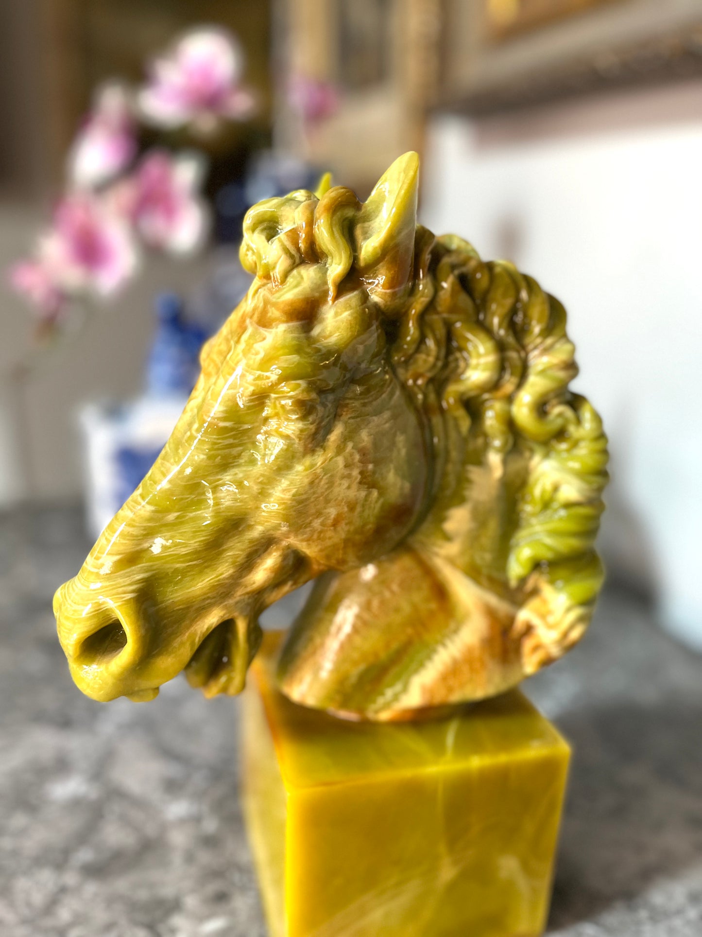 Stunning Vintage Marblized Incredibly Detailed Horse Head Statue On Marble Base