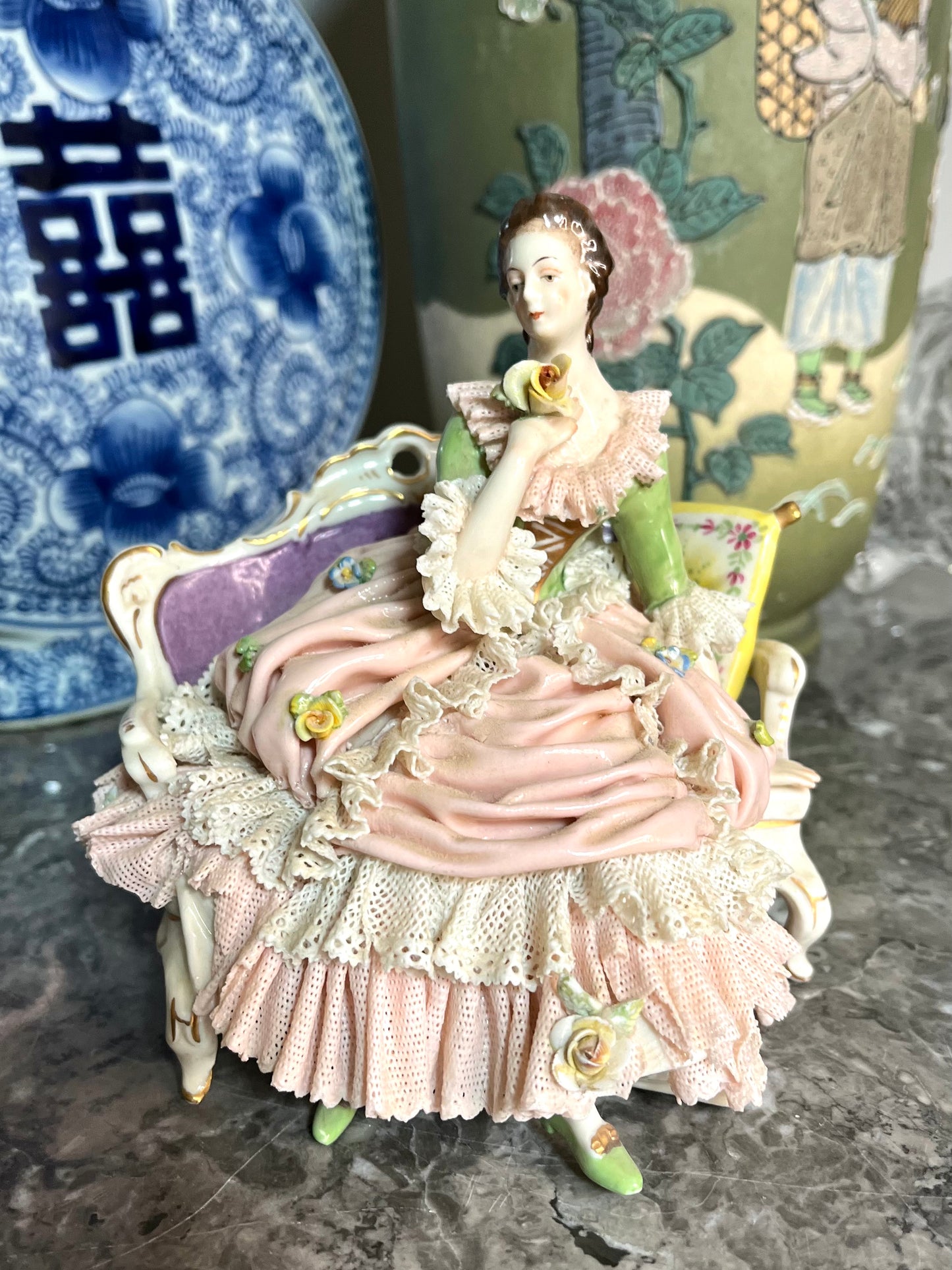 Beautiful Antique Dresden Lace Porcelain Lady With Pillow Figurine - Victorian