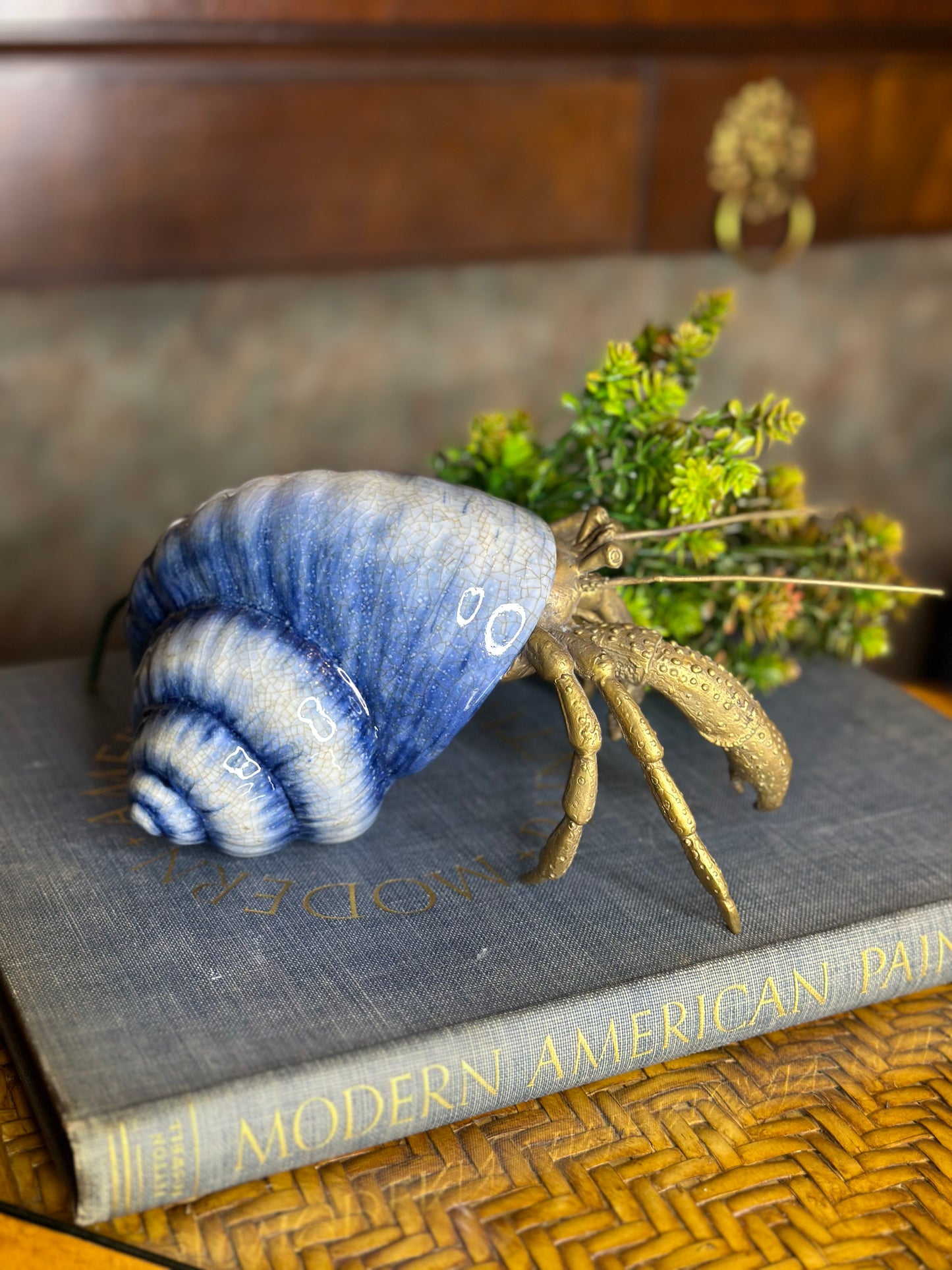 9L X 7W X 5H PORCELAIN & BRONZE Crab In Blue & White Porcelain Shell