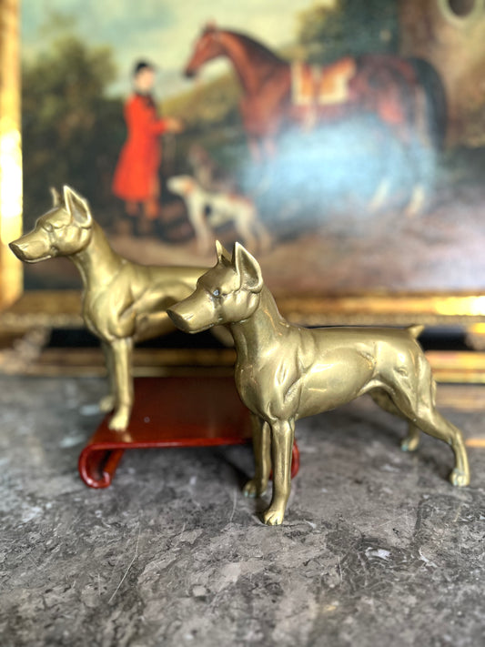 Stately Vintage Pair Of Commanding Brass Doberman/Great Dane Dogs Statues/Bookends