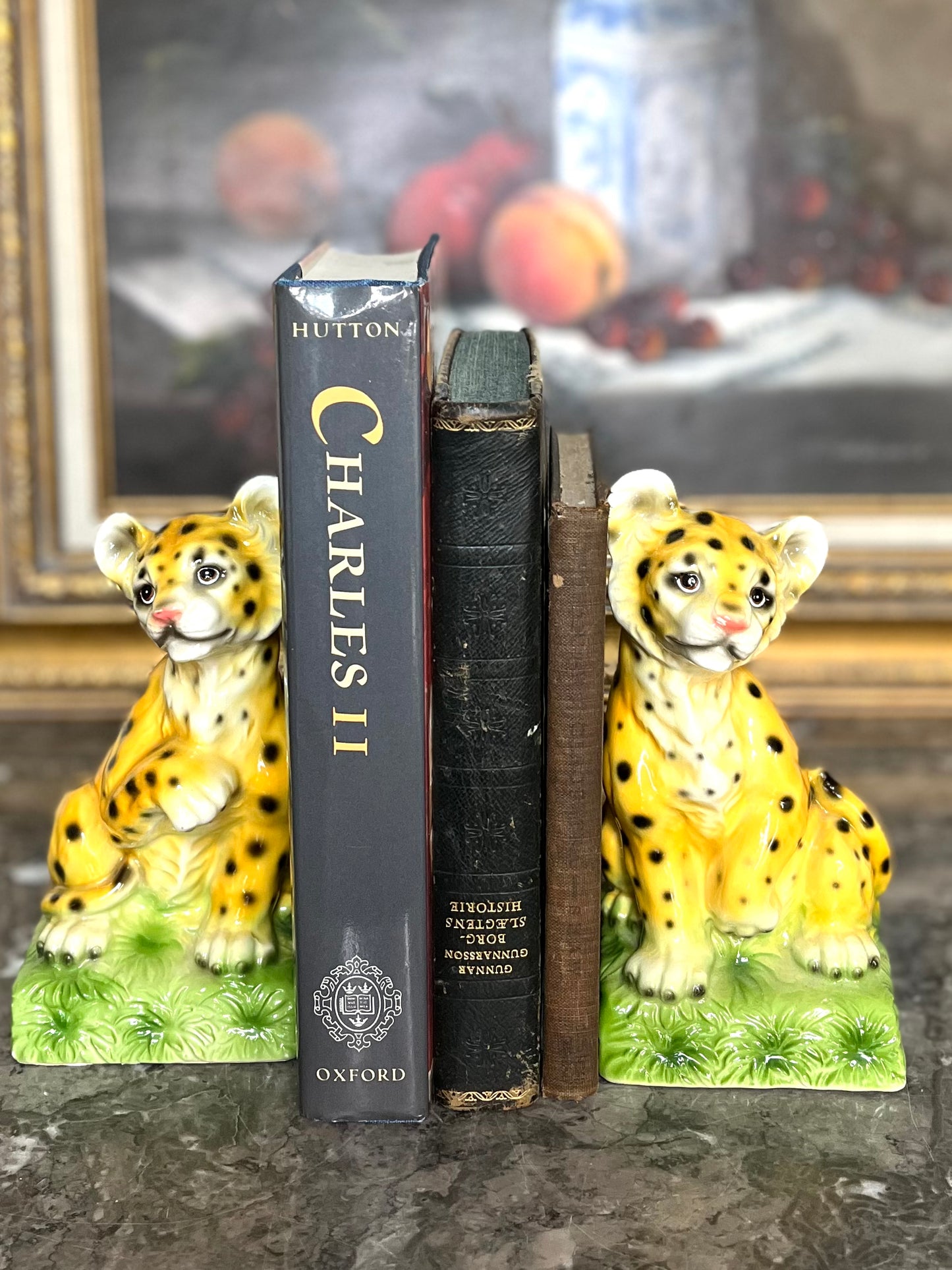 Reserved Maria Adorable Vintage Porcelain Aldon Cheetah/Leopard Cub Bookends - Repair Priced Accordingly