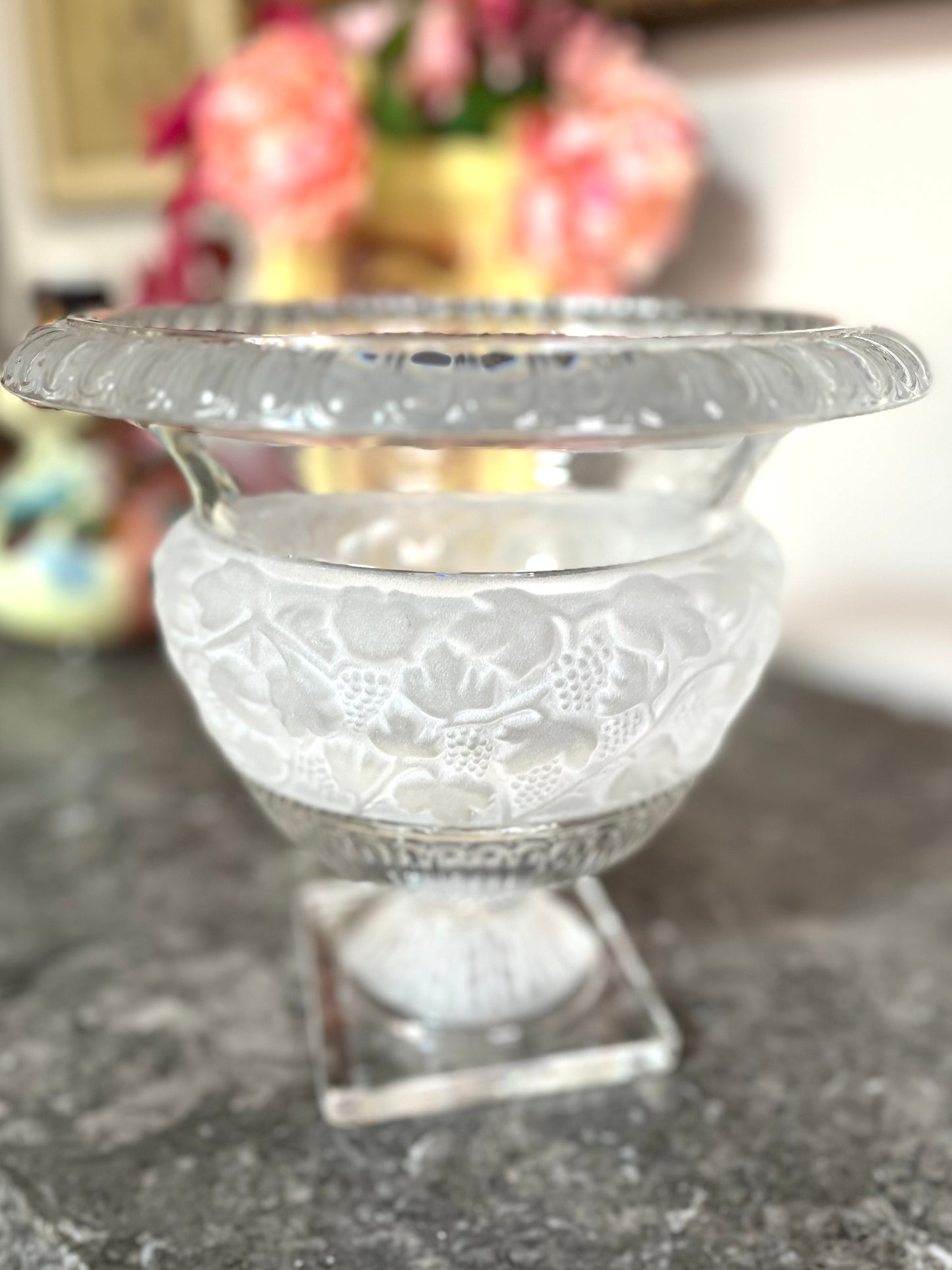 Elegant Large Vintage Irish Crystal Frost And Clear Banded Pedestal Bowl/Compote