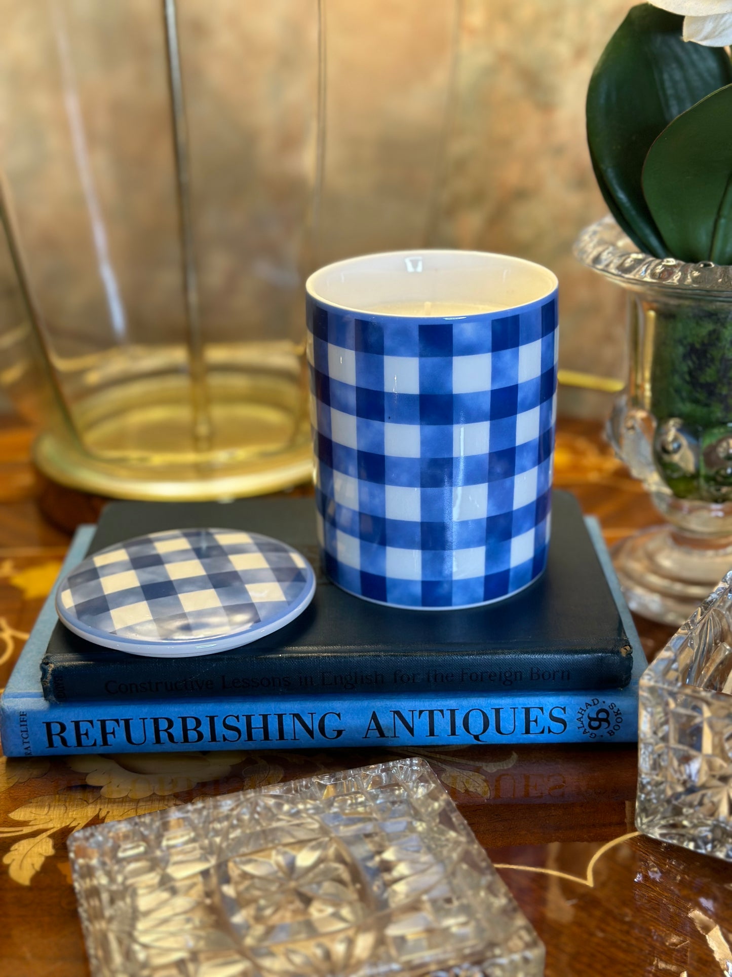 Blue & White Porcelain Gingham Plaid, 10 oz. Soy Wax Candle