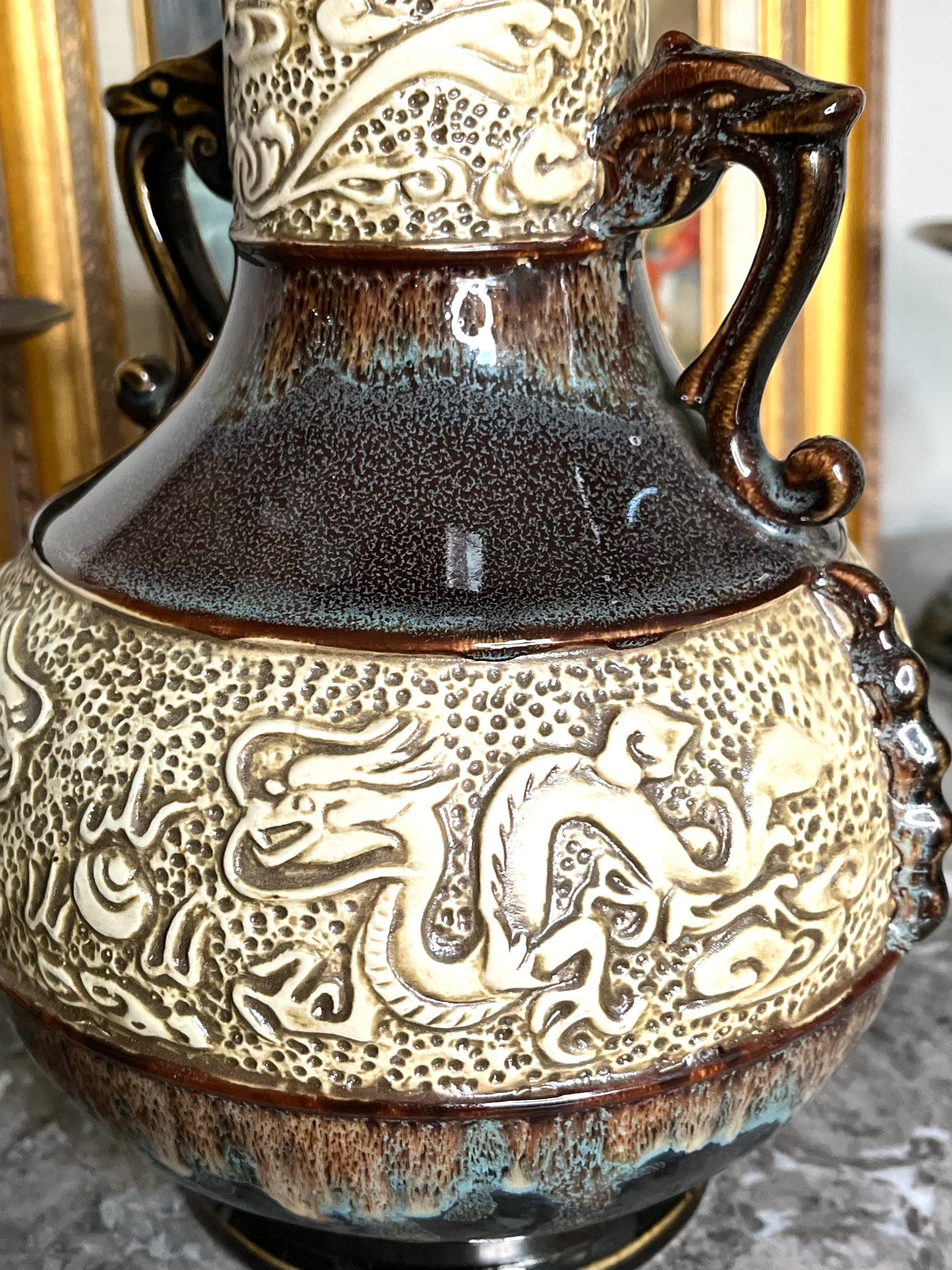 Gorgeous Vintage Chinese Carved Relief Dragon And Pearl Drip Glaze Vase