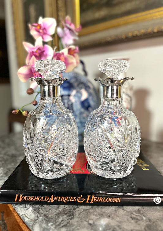 Antique Late 1800’s Stunning Pair Of Cut Crystal And Sterling Silver Bar Decanters