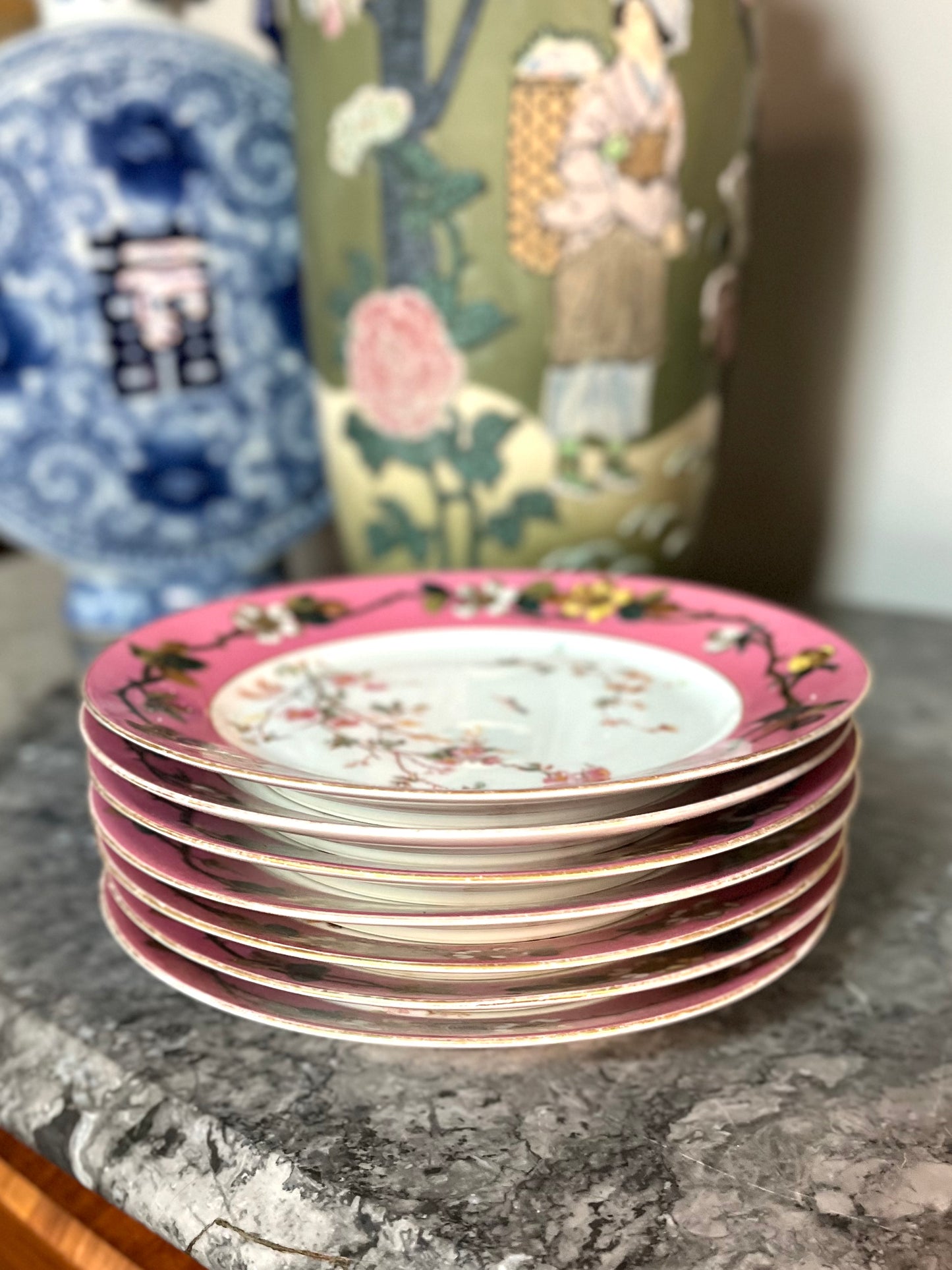 Antique Beautiful Rare T&V Limoges Plum Blossom Oval Platter, Handled Tray, And 8 Dessert Plates Late 1800’s-Pre 1920