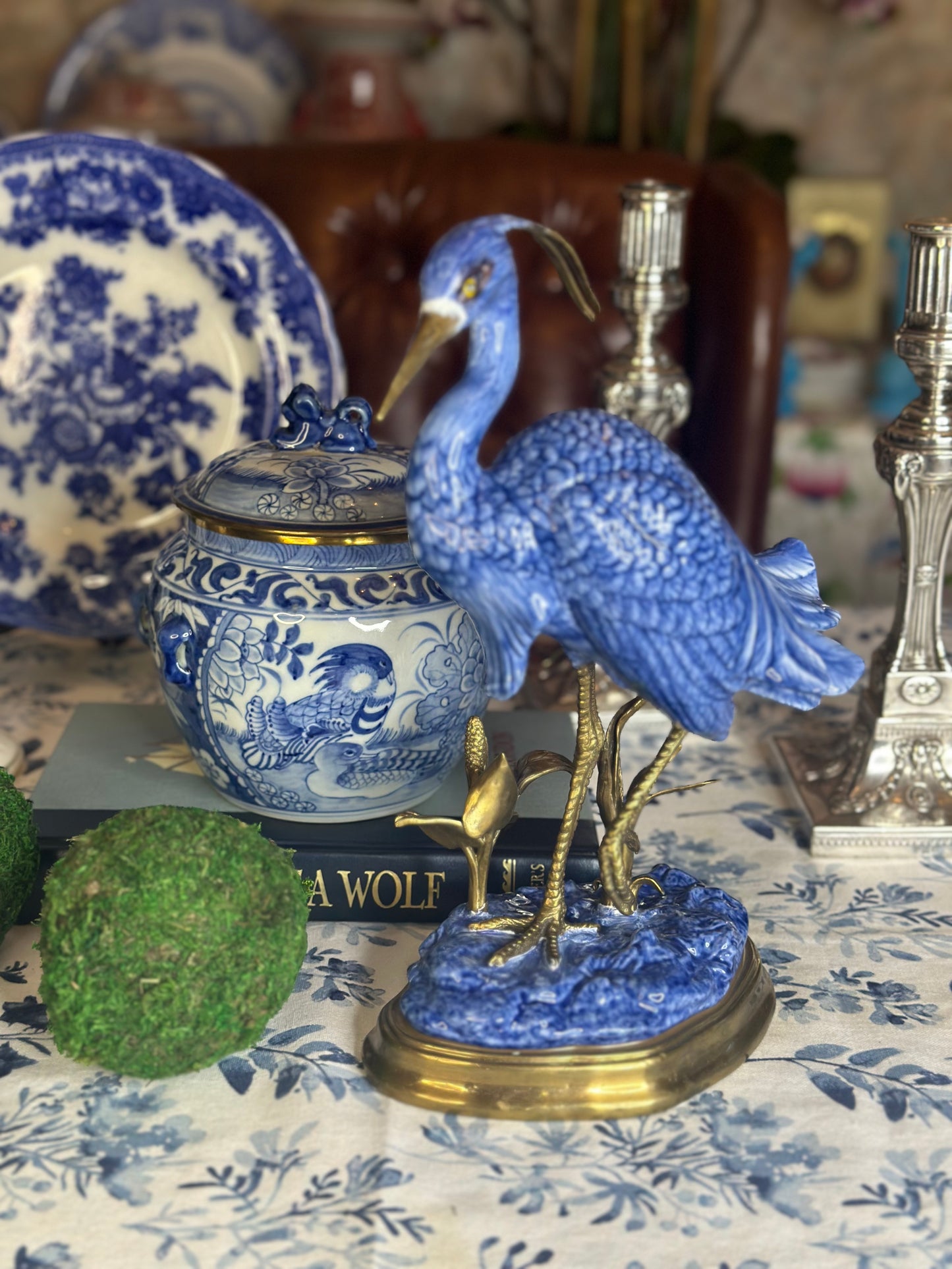 12” Blue & White Porcelain & Bronze Crane Figure on base