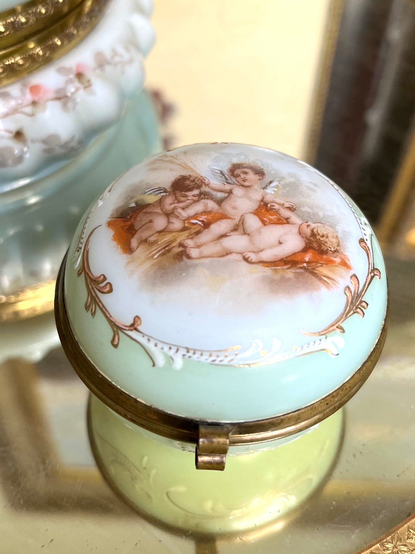 Reserved Theresa Live 8/5 - Antique Historic Wavecrest Hand Painted Cherub Mini Vanity Jar