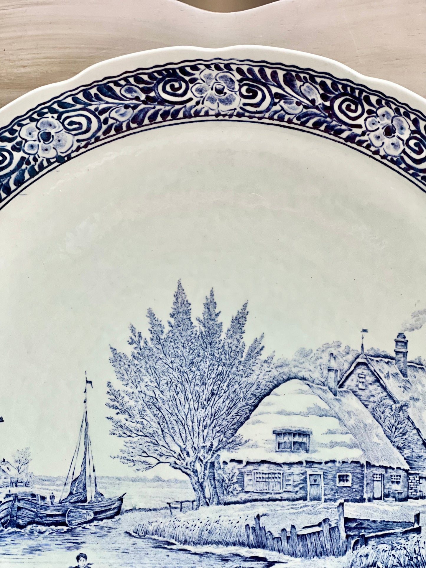 Large Vintage Delfts Boch Royal Sphinx 15” Blue & White Wall Charger, Wintry River Scene