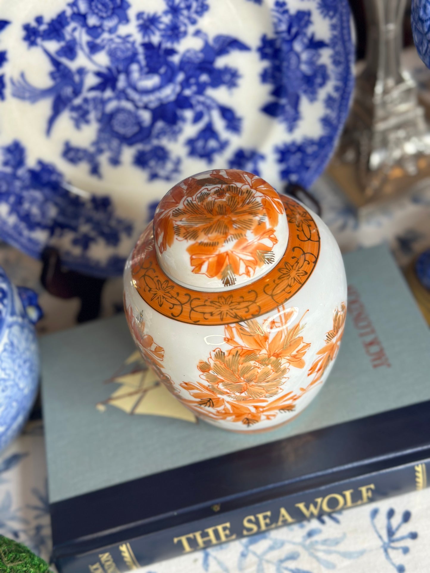 Vintage Rust/ Gold Porcelain Japanese Ginger Jar, 6" Tall - Pristine