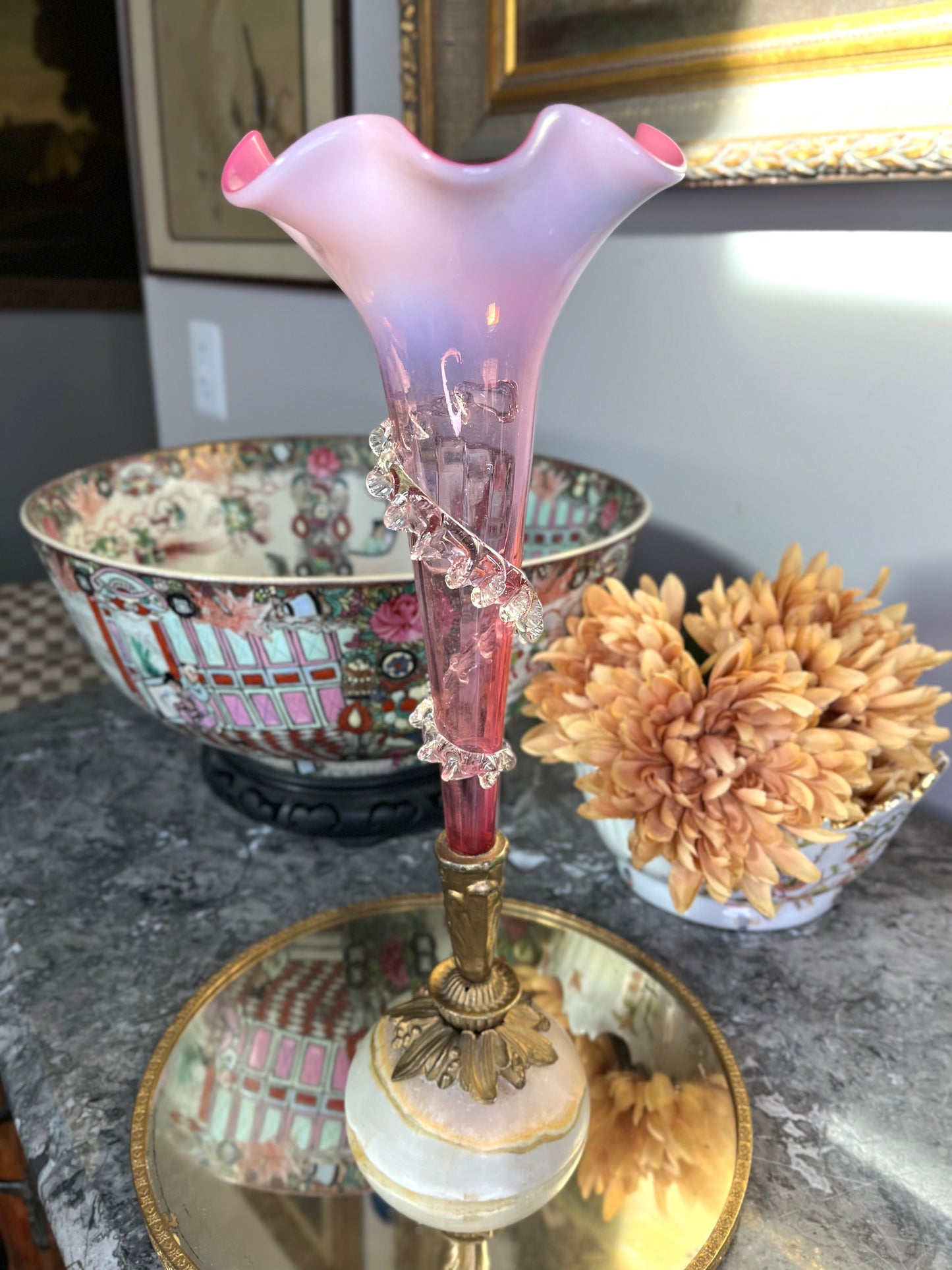 Gorgeous 19th Century Victorian Hand Blown Glass In Brass Vase With Marble Pedastal