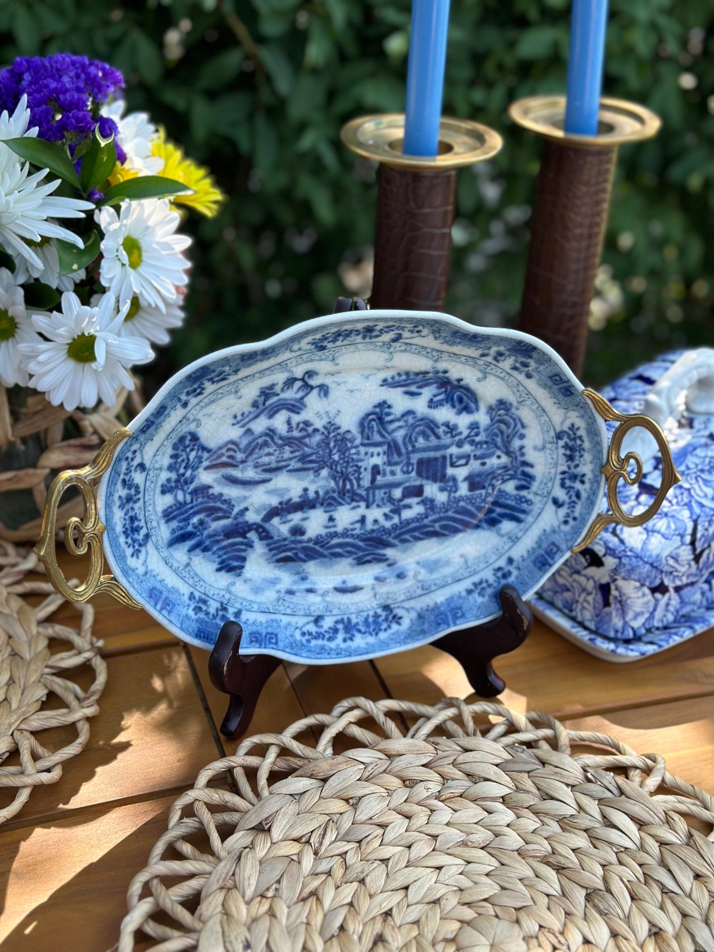 Blue and White Pagoda, Bronze detailed platter - 13L X 8W X 1.5H