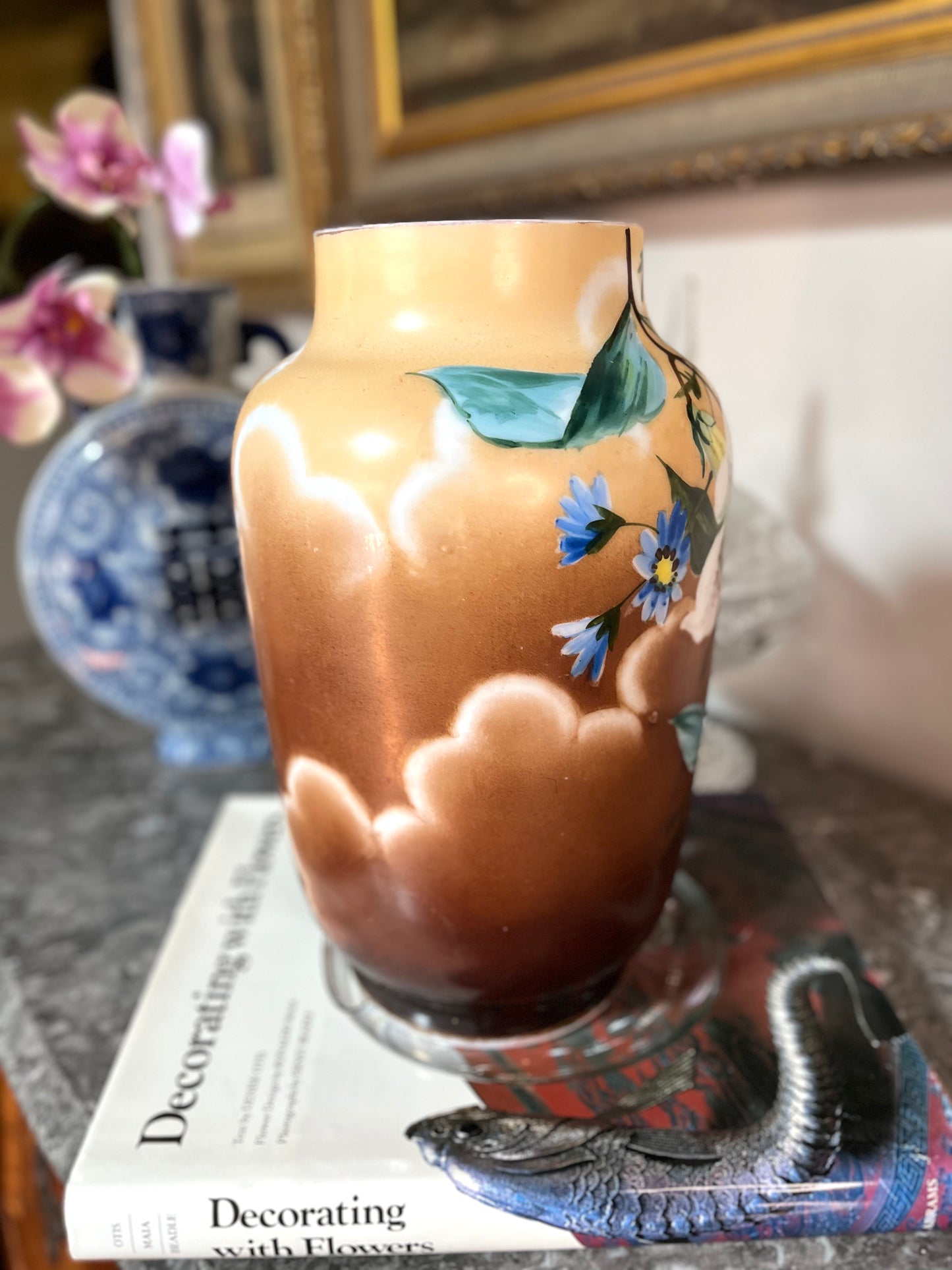 Stunning English Victorian Hand Painted Opaline Glass Hand Blown Vase - Late 1800’s