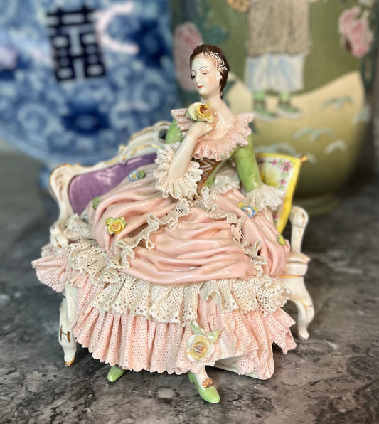 Beautiful Antique Dresden Lace Porcelain Lady With Pillow Figurine - Victorian