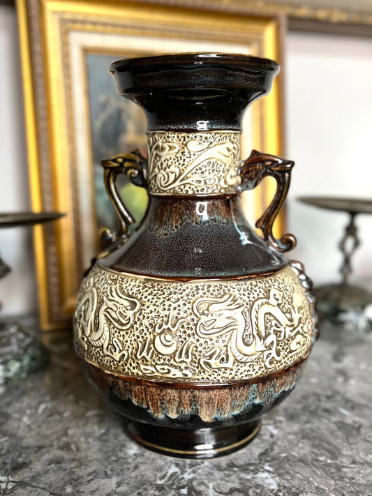 Gorgeous Vintage Chinese Carved Relief Dragon And Pearl Drip Glaze Vase