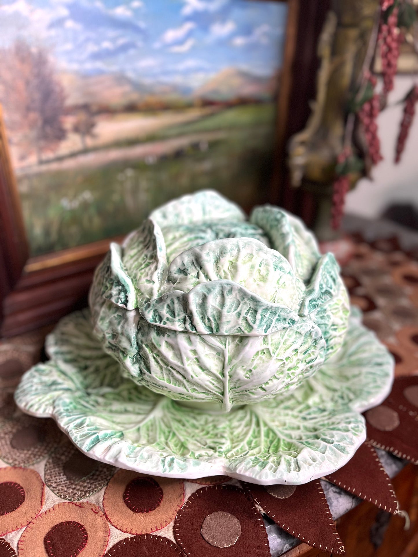 Amazing Hand Painted Large Vintage Italian Cabbageware Tureen And Under Plate