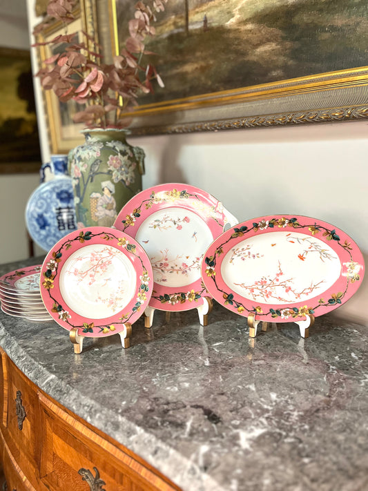 Antique Beautiful Rare T&V Limoges Plum Blossom Oval Platter, Handled Tray, And 8 Dessert Plates Late 1800’s-Pre 1920