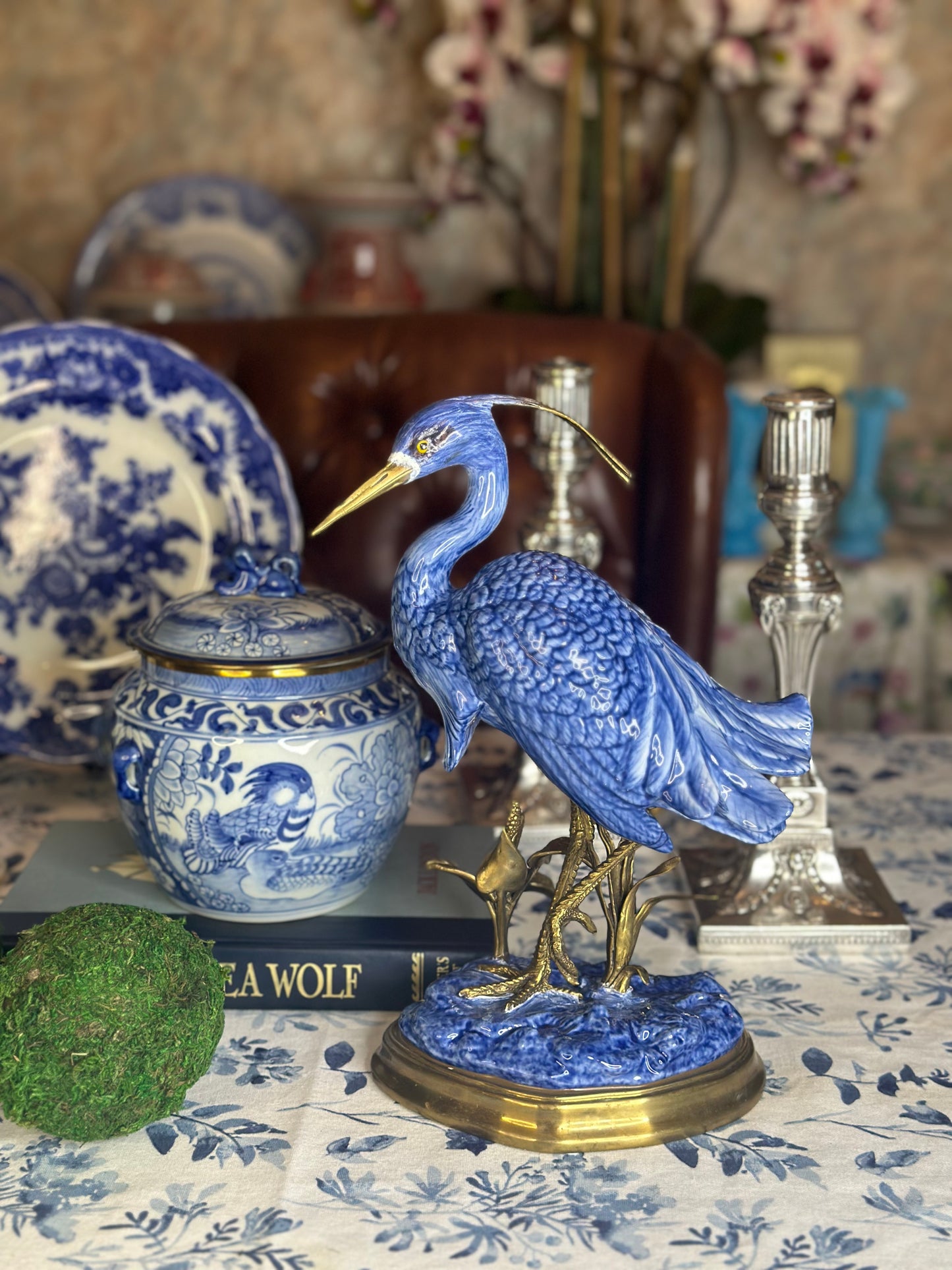 12” Blue & White Porcelain & Bronze Crane Figure on base