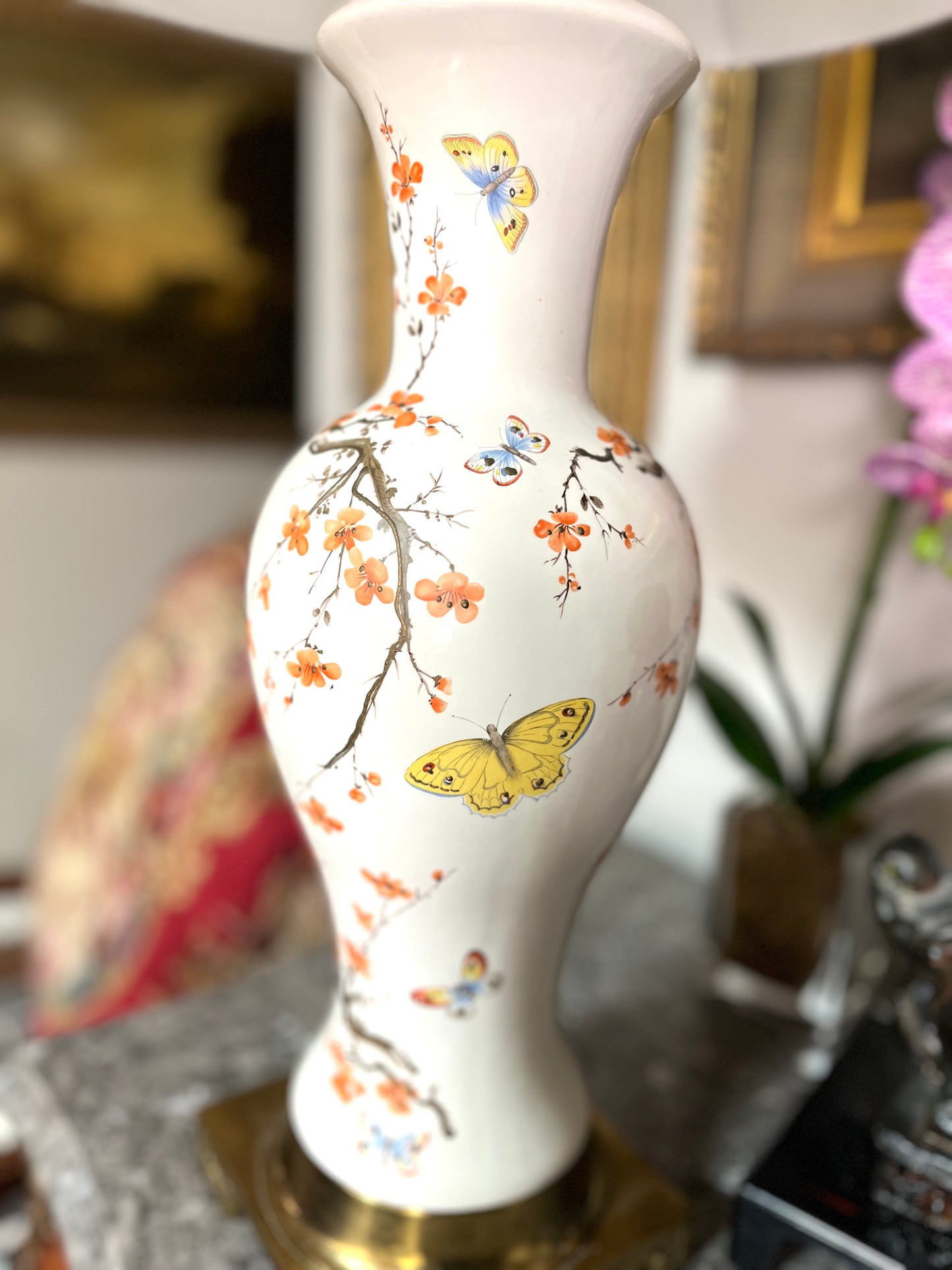 Chic Chinoiserie Plum Blossom and Butterfly Hand Painted Lamp on Brass Base