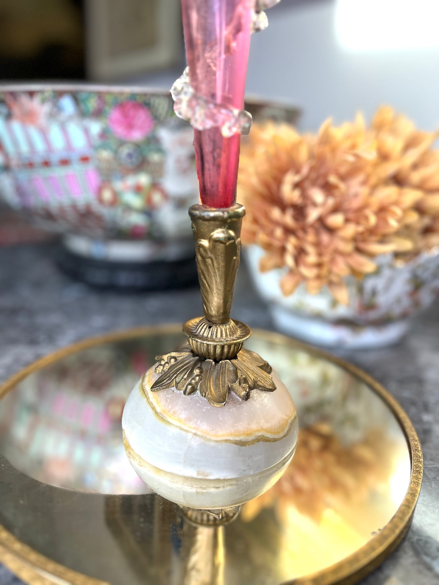 Gorgeous 19th Century Victorian Hand Blown Glass In Brass Vase With Marble Pedastal