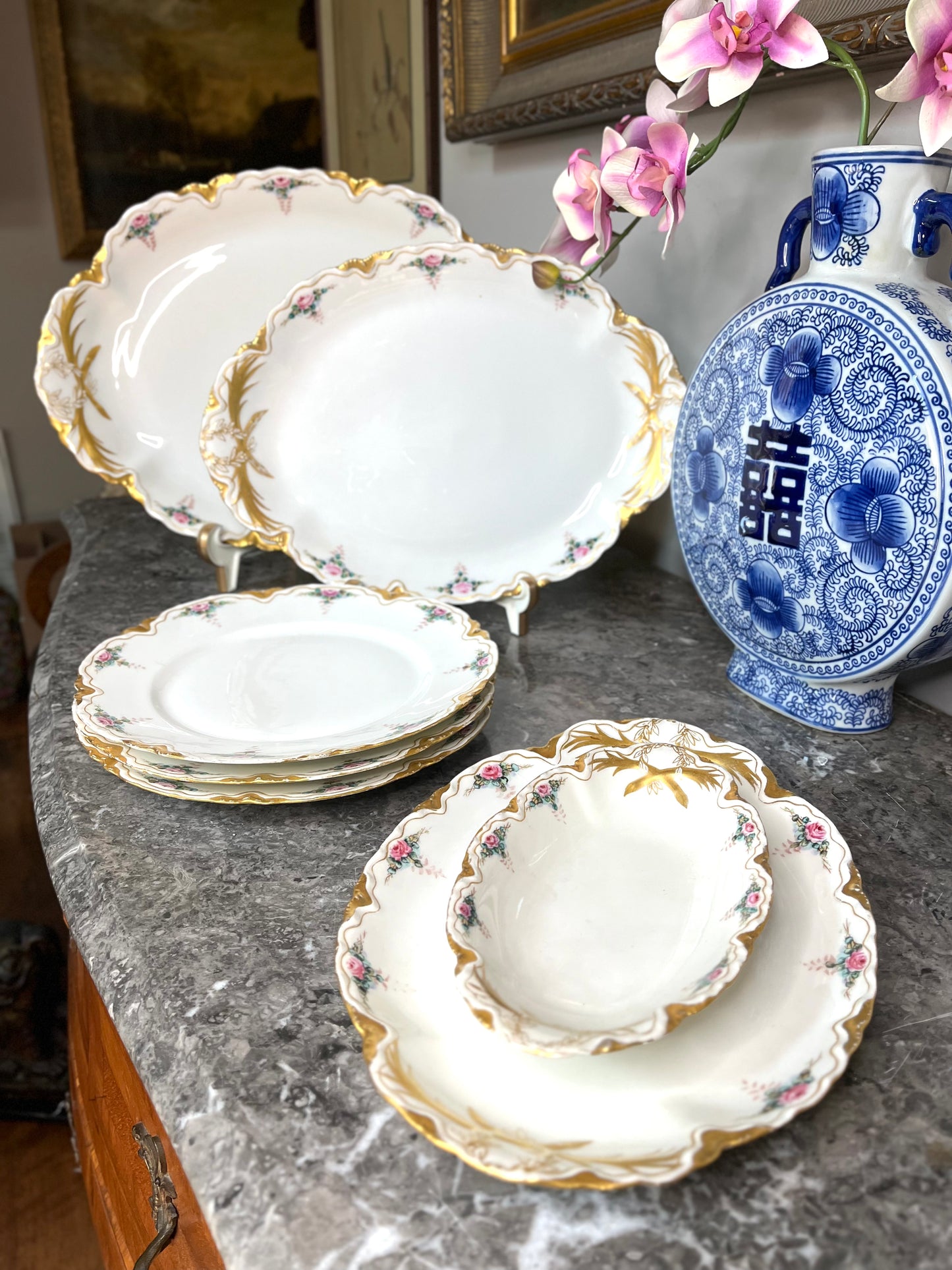 Gorgeous Antique Turn of 20th Century Haviland France 4 Platter Set With 3 Bonus Dinner Plates