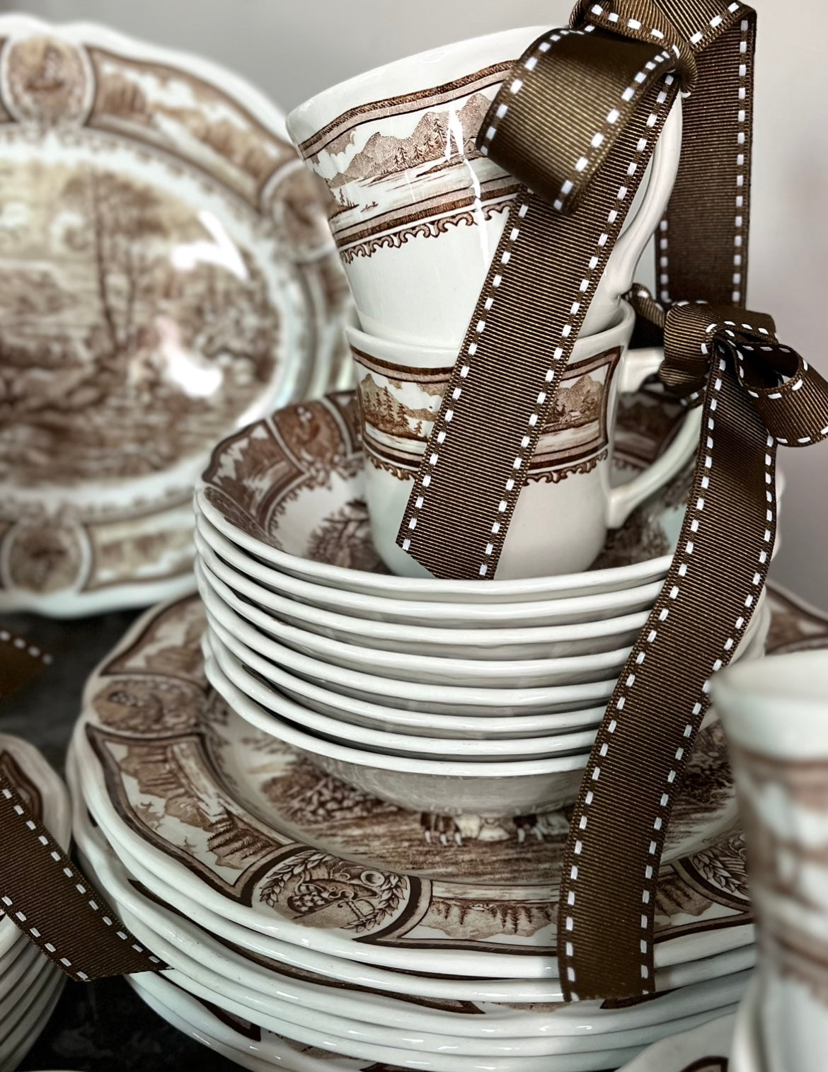 Historic Vintage 1976 English Meaken Brown Transferware Americana China Set - Complete Service For 8 Plus Serving Platter And Bowl