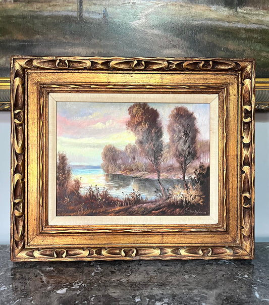 Gorgeous Original Sunset, Lake And Trees Mid Century Signed Oil Painting In Original Wood Frame