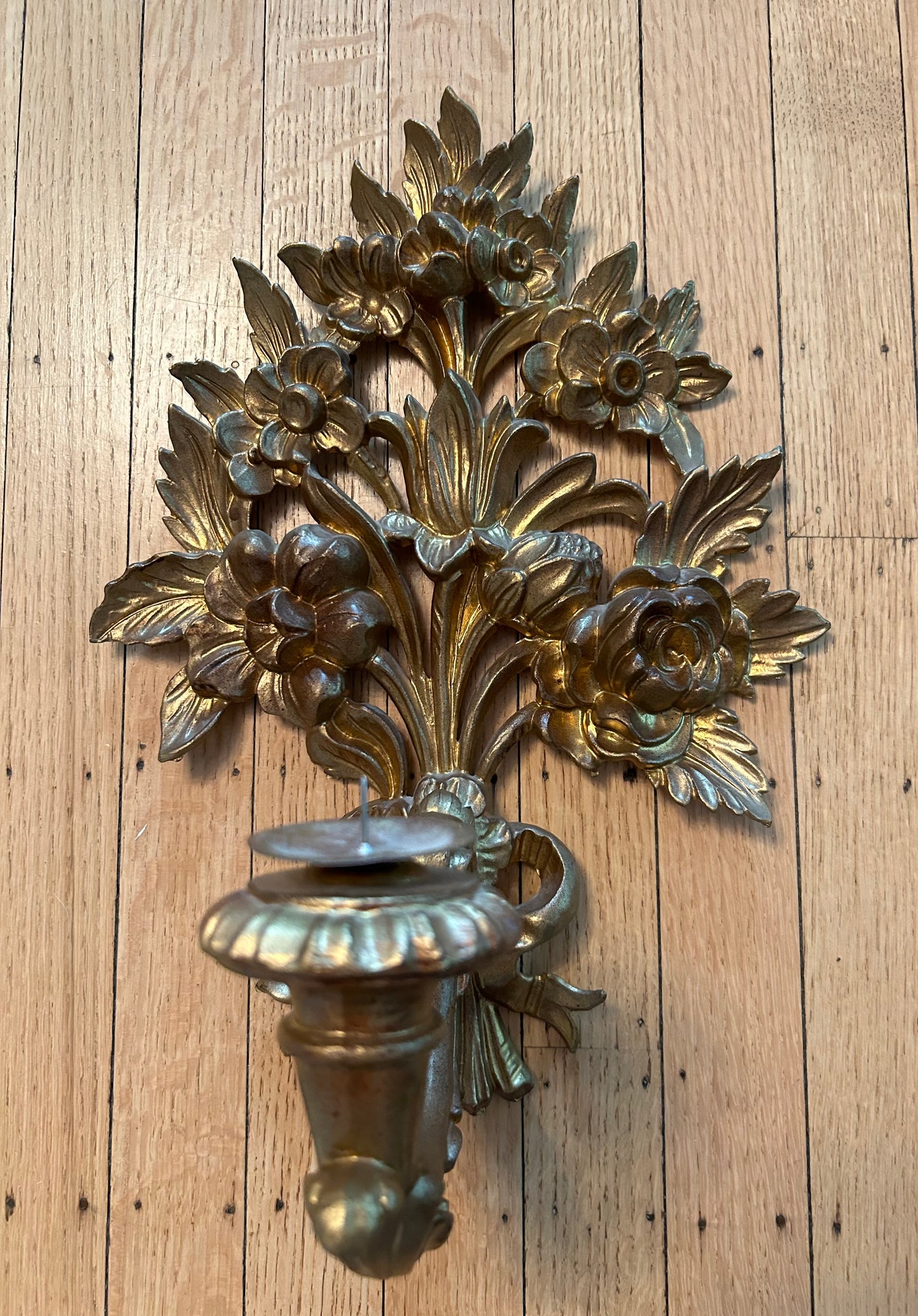 Stunning Vintage Pair of Gilded Italian Candle Sconces 14 1/2” tall 8” arm