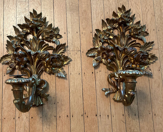 Stunning Vintage Pair of Gilded Italian Candle Sconces 14 1/2” tall 8” arm
