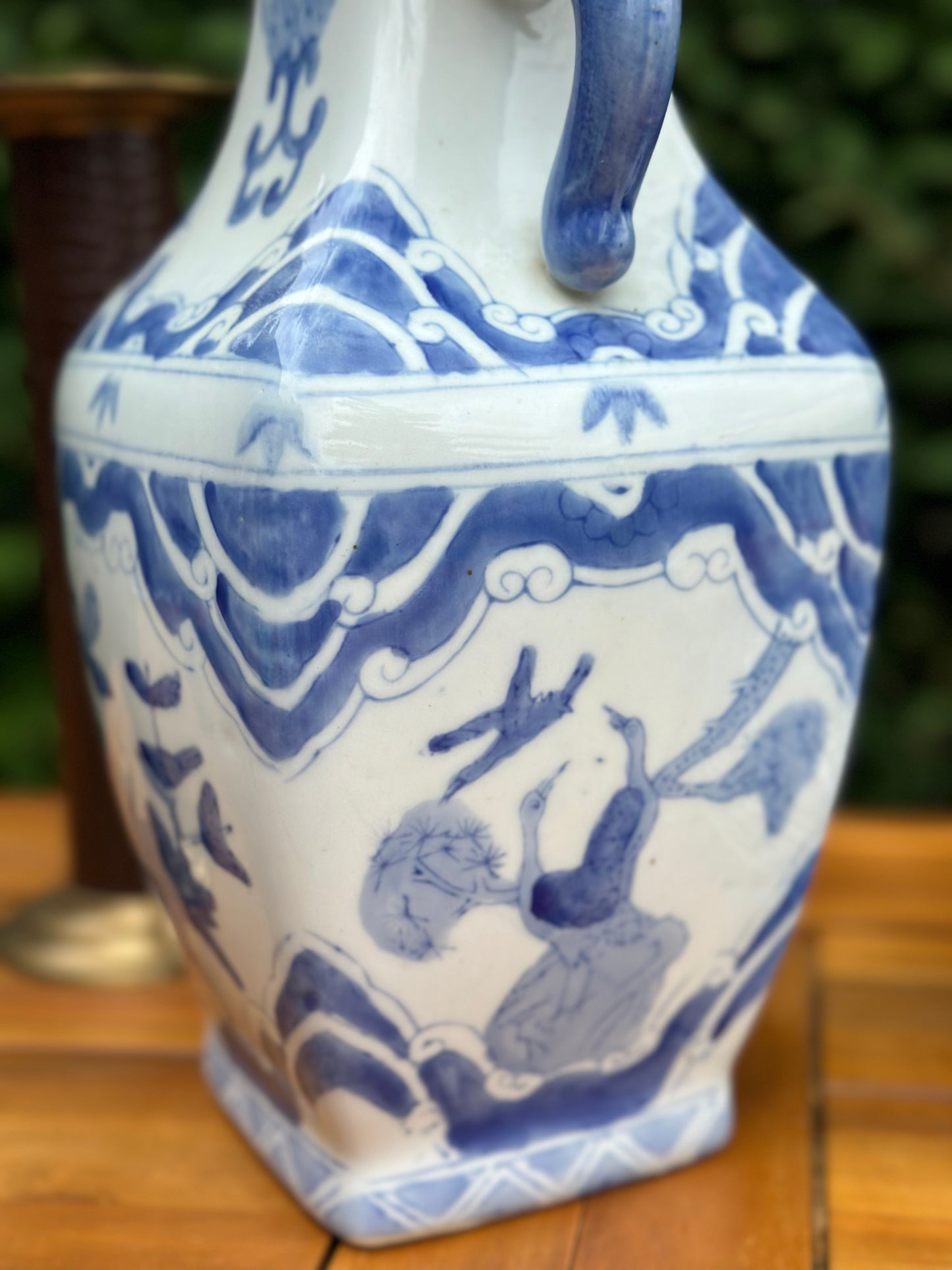 Blue & White, 13” Tall Vase, Foo Handles - Pristine!