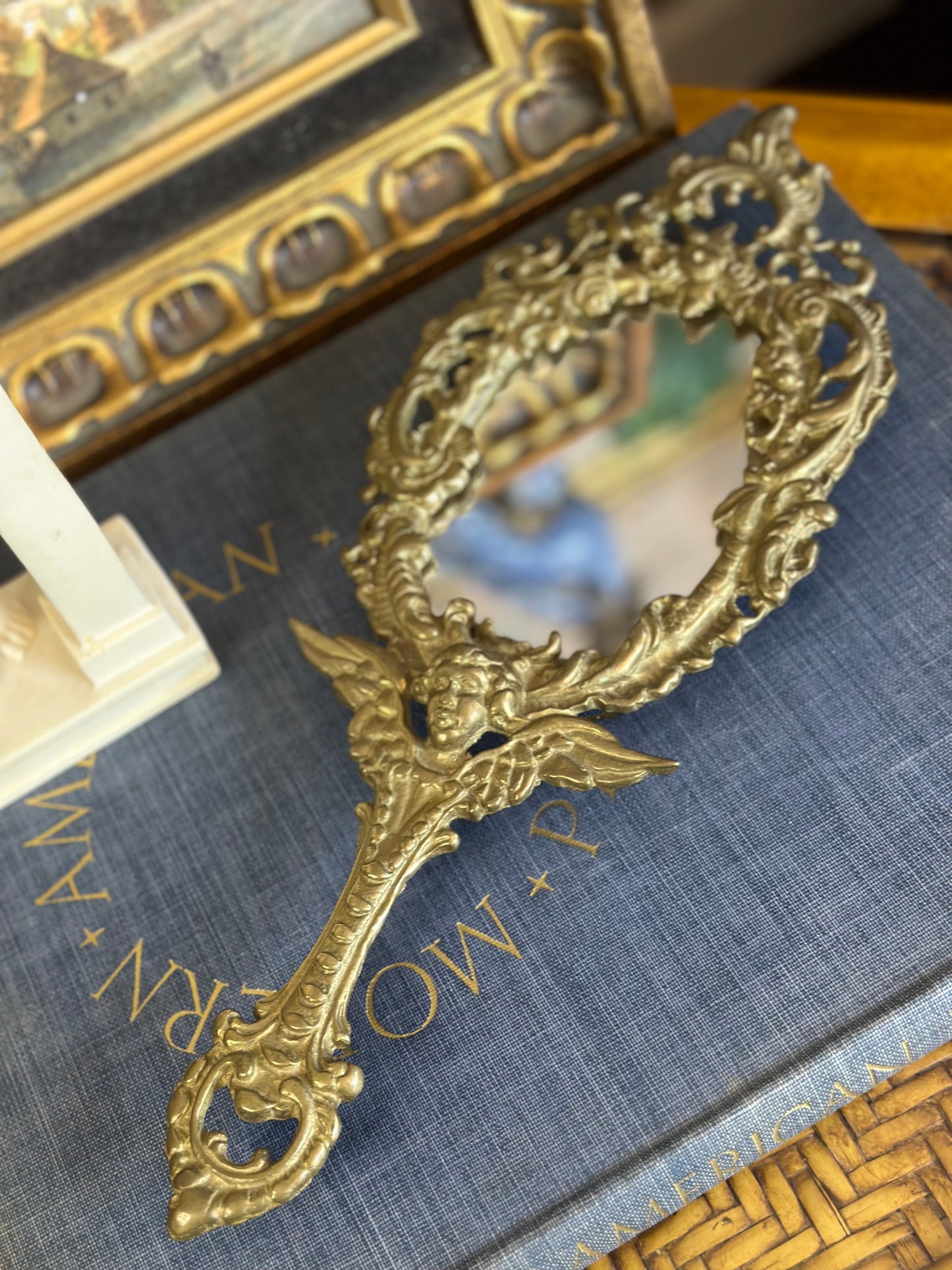 Antique Brass Cherub Hand Mirror, 14" Long