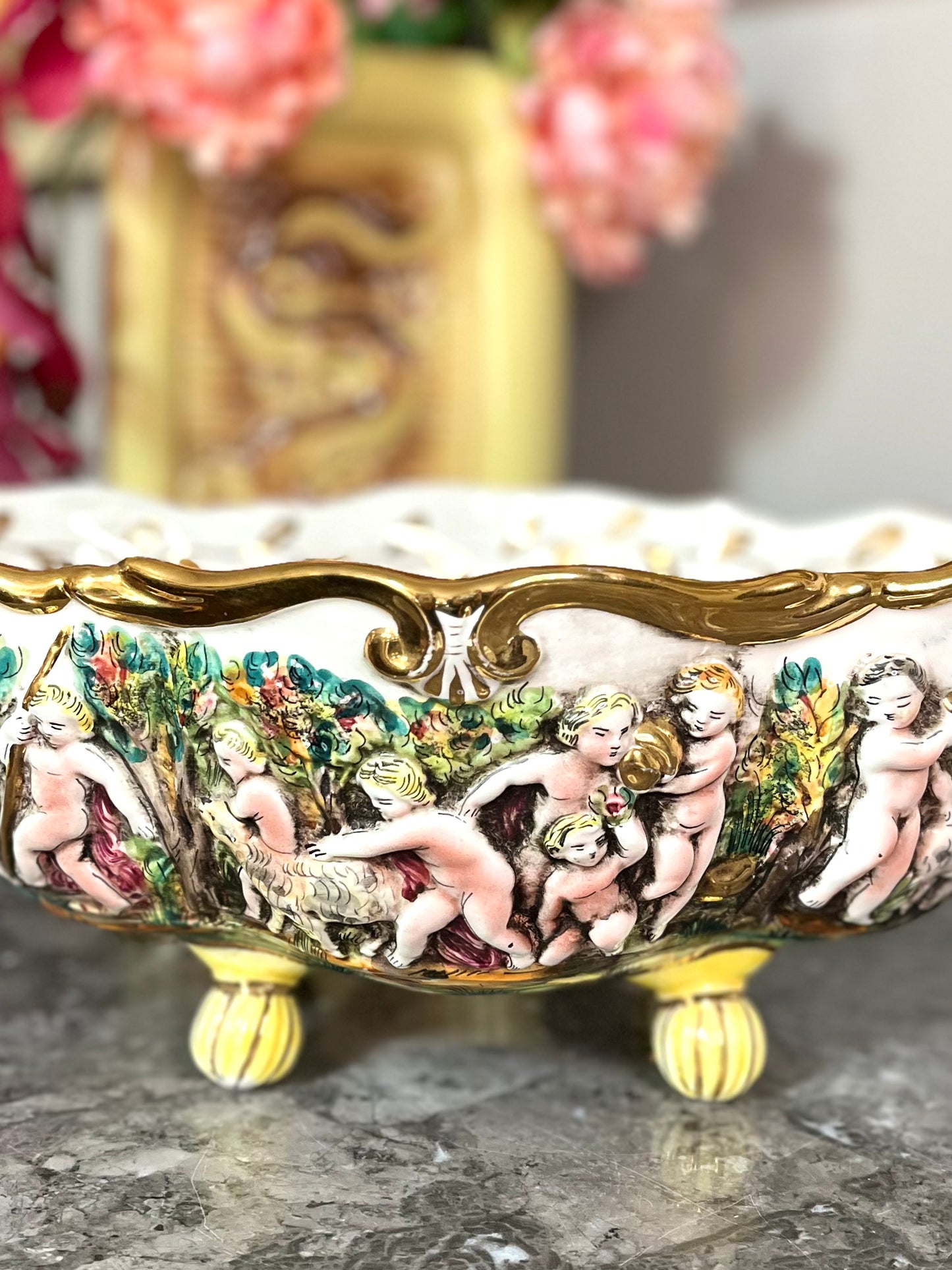 Beautiful Large Vintage Capodimonte Hand Painted Italian Planter With Relief Children and Lambs