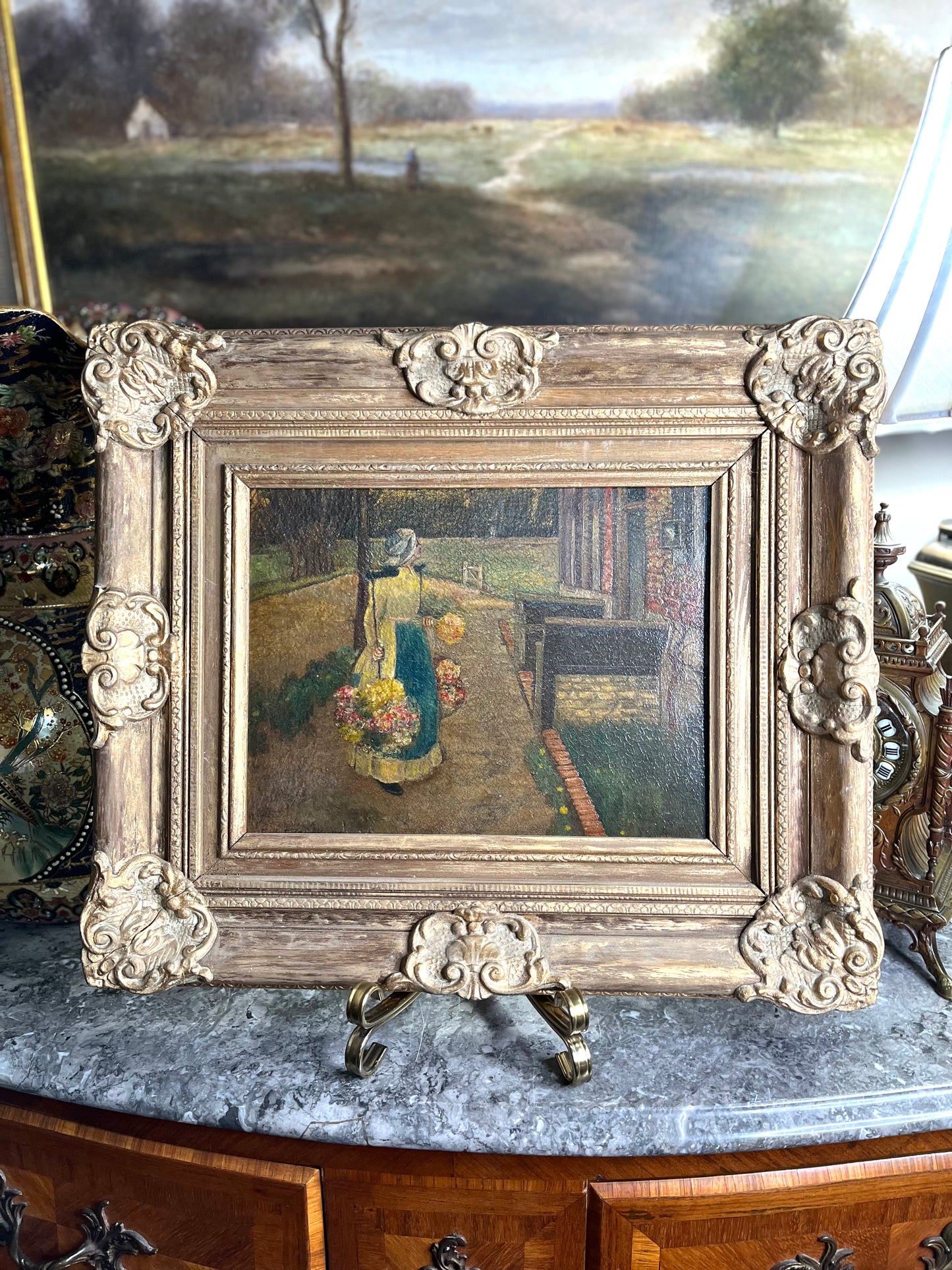 Finely Painted 1900’s Original Oil On Board In Stunning Original Antique Frame Titled “The Flower Girl”