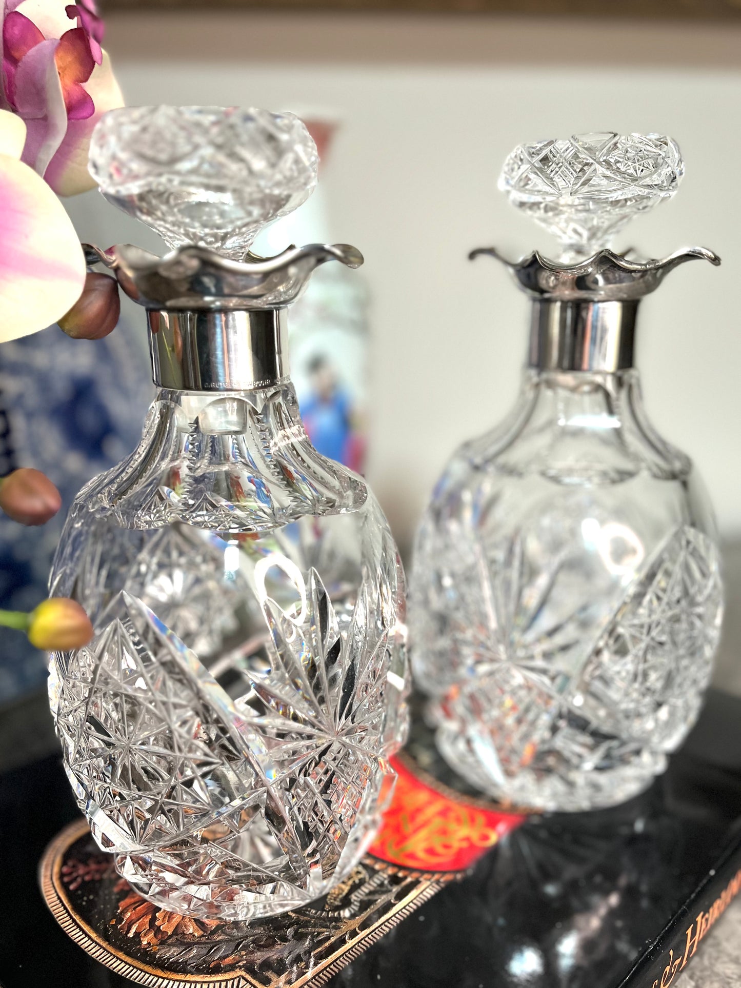 Antique Late 1800’s Stunning Pair Of Cut Crystal And Sterling Silver Bar Decanters