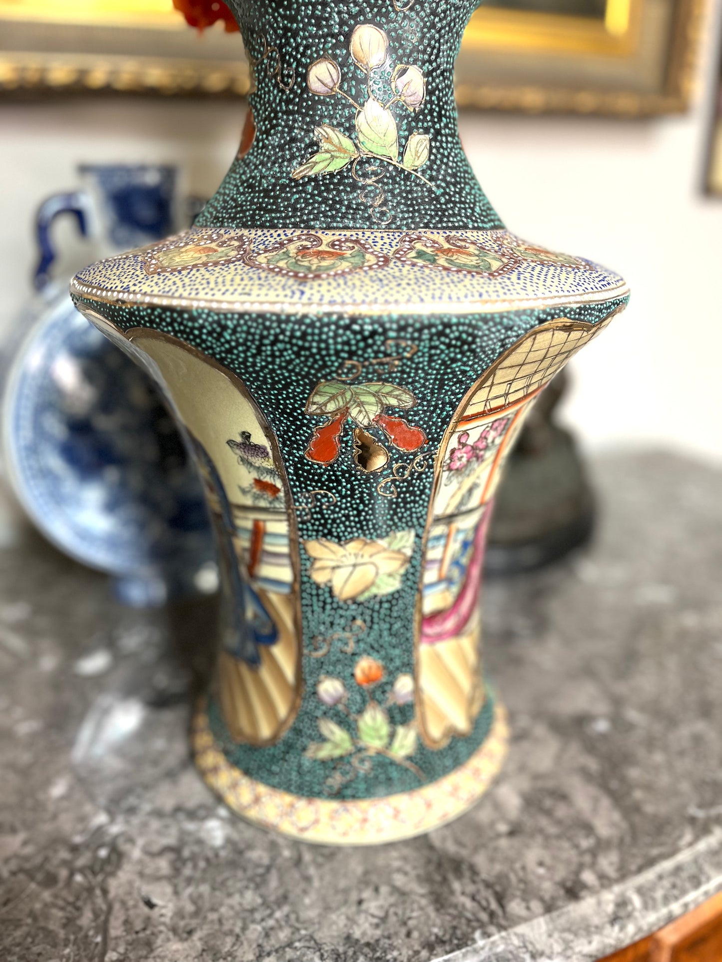 Beautiful Vintage Royal Peacock Green Satsuma Geisha Vase