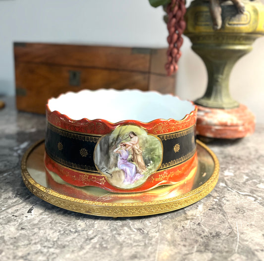 Reserved Theresa TS 11/10 Gorgeous Antique Red Hand Painted Porcelain Cigar Band Scalloped Bowl/Planter