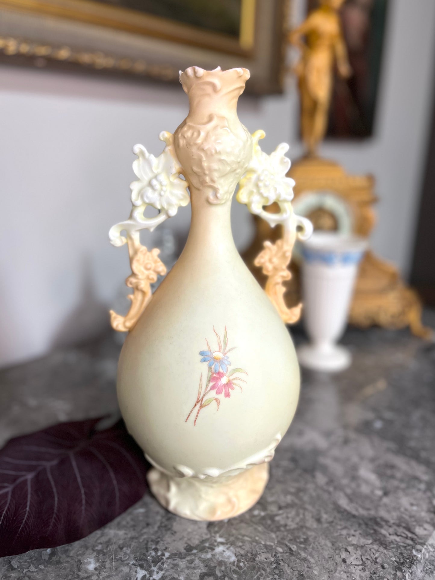 Antique 19th Century Victorian Hand Painted Porcelain Amphora Vase