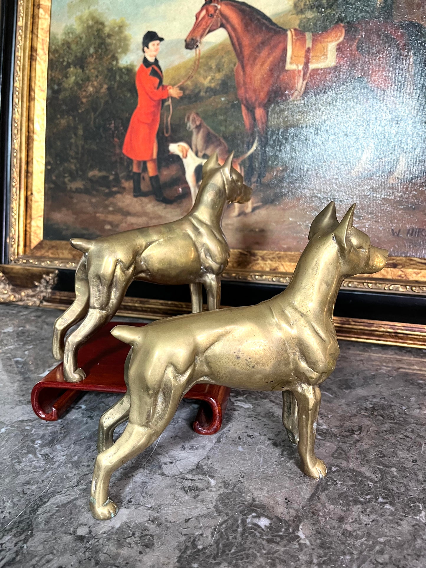 Stately Vintage Pair Of Commanding Brass Doberman/Great Dane Dogs Statues/Bookends