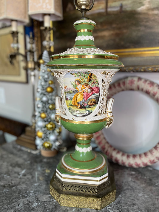 Magical Antique Italian Pierced Porcelain Capodimonti 2 Handled Lamp On Beautiful Brass Base