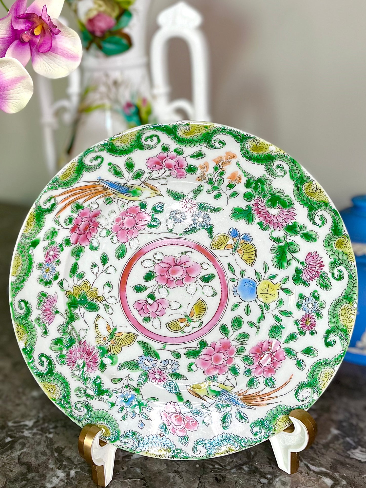 Gorgeous Famille Rose Vintage Butterfly And Bird Plate