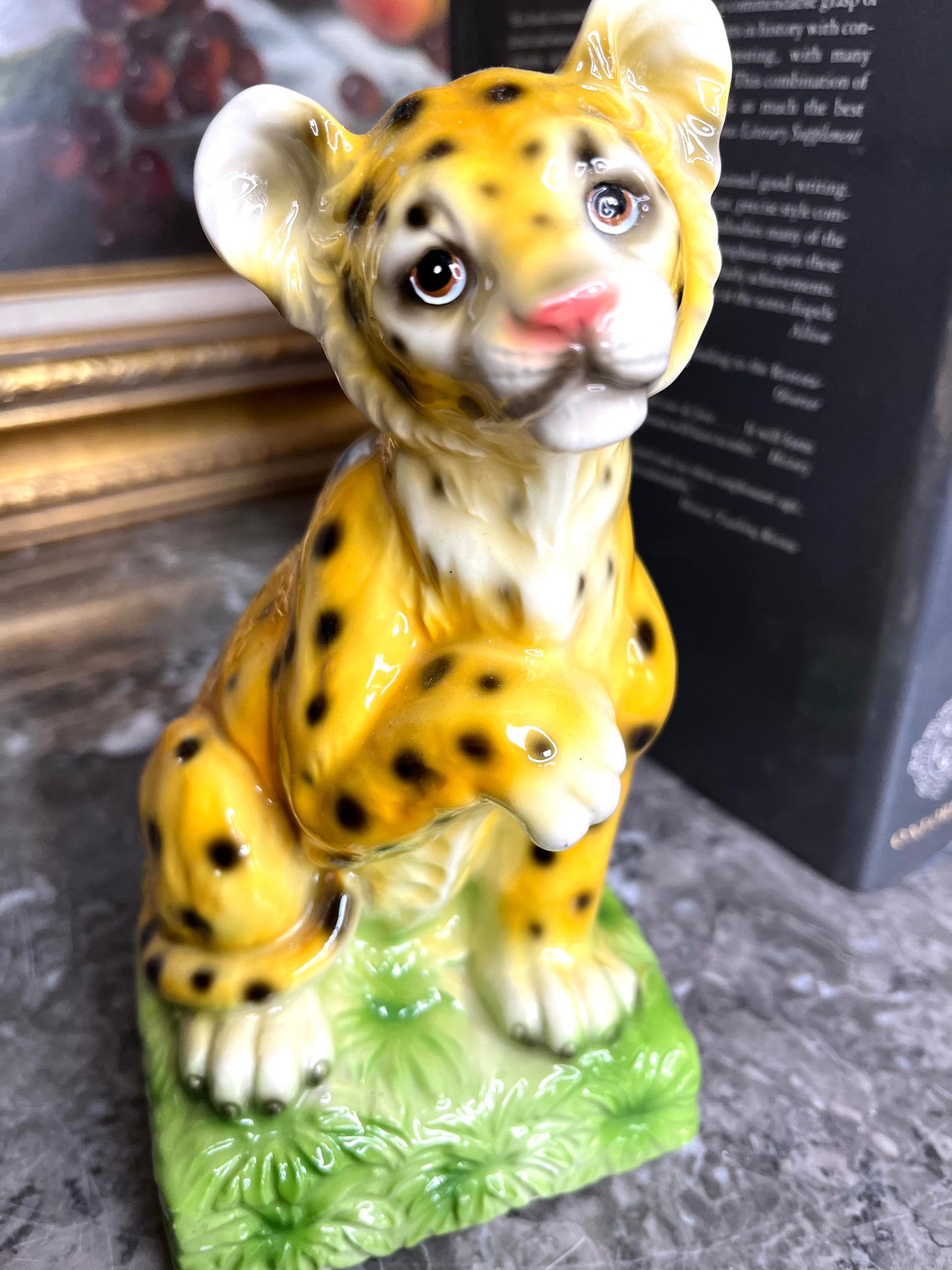 Reserved Maria Adorable Vintage Porcelain Aldon Cheetah/Leopard Cub Bookends - Repair Priced Accordingly