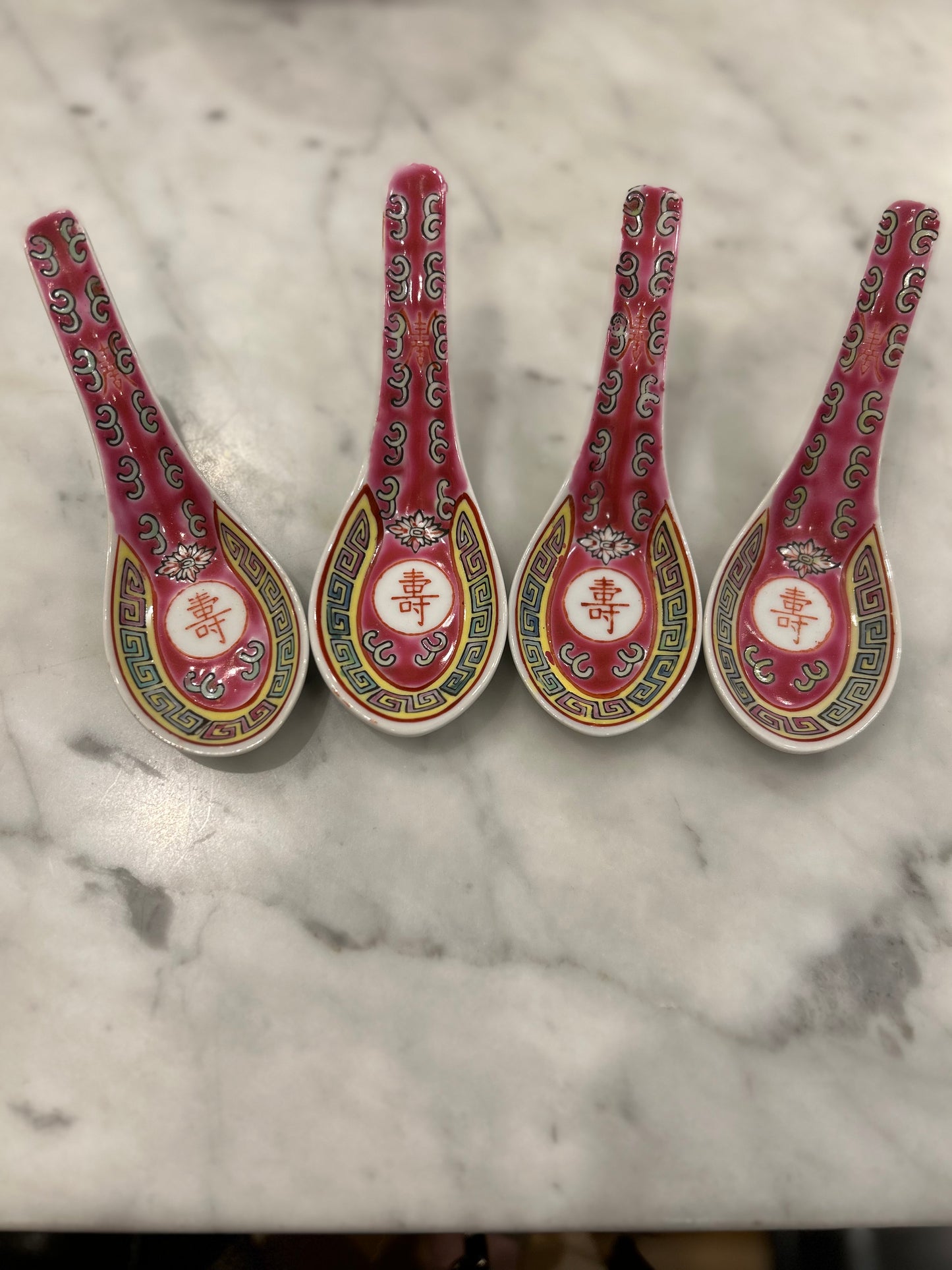 Set of  Four Pink Chinese Porcelain Soup Spoons