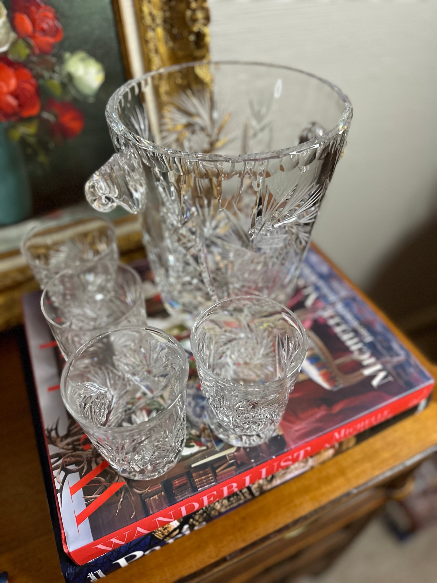 PRISTINE! Very Heavy Crystal Champagne/Ice Bucket with matching set of 4 Whiskey Tumblers (American Brilliant?)