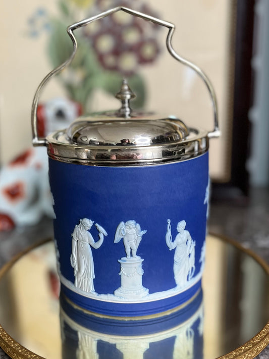 Reserved Shirley Live 8/5 Beautiful Antique Wedgewood Cobalt Dip Biscuit Jar Silver Plated