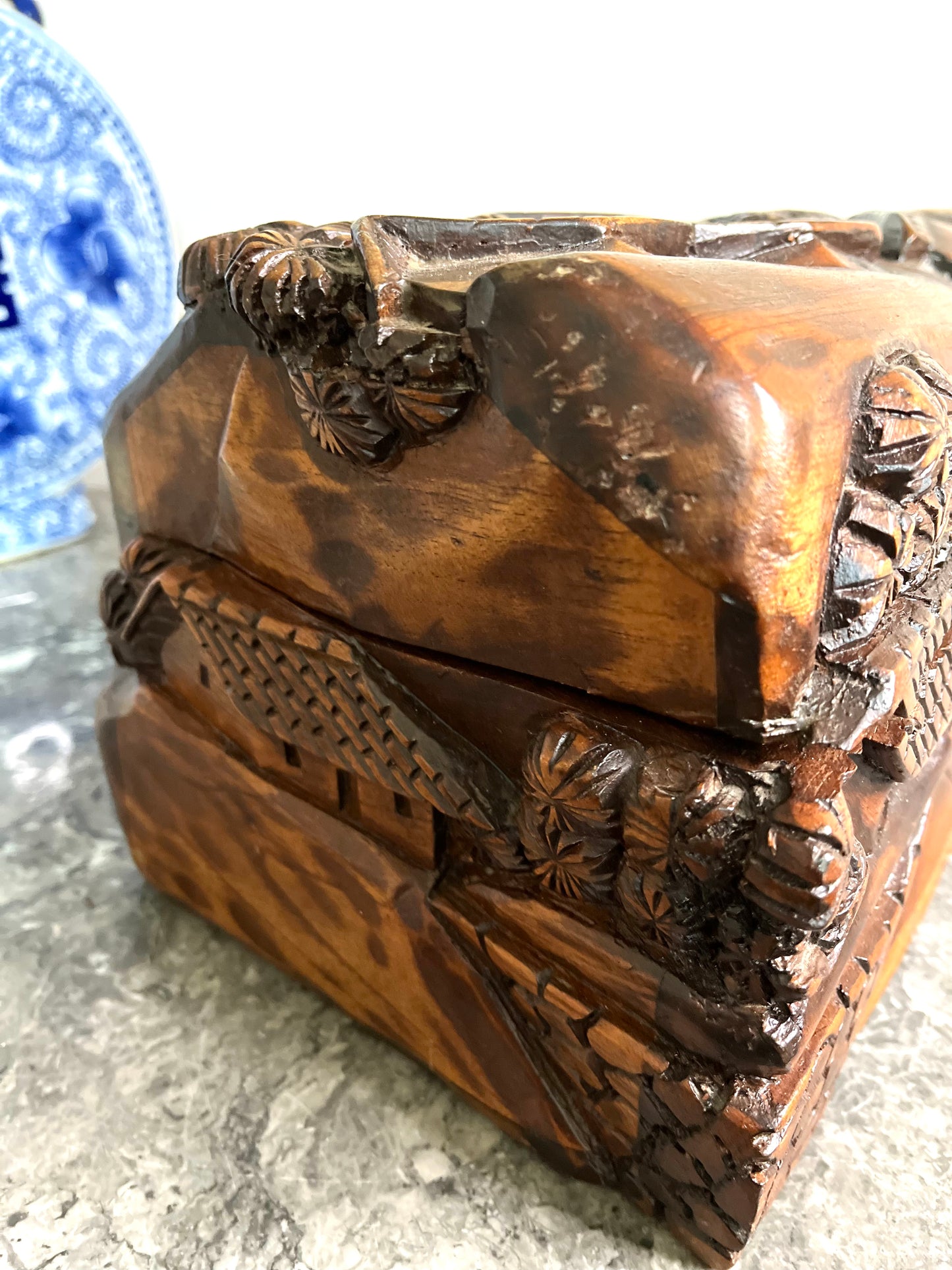 Unique Vintage Hand Carved Mahogany Asian Solid Wood Box