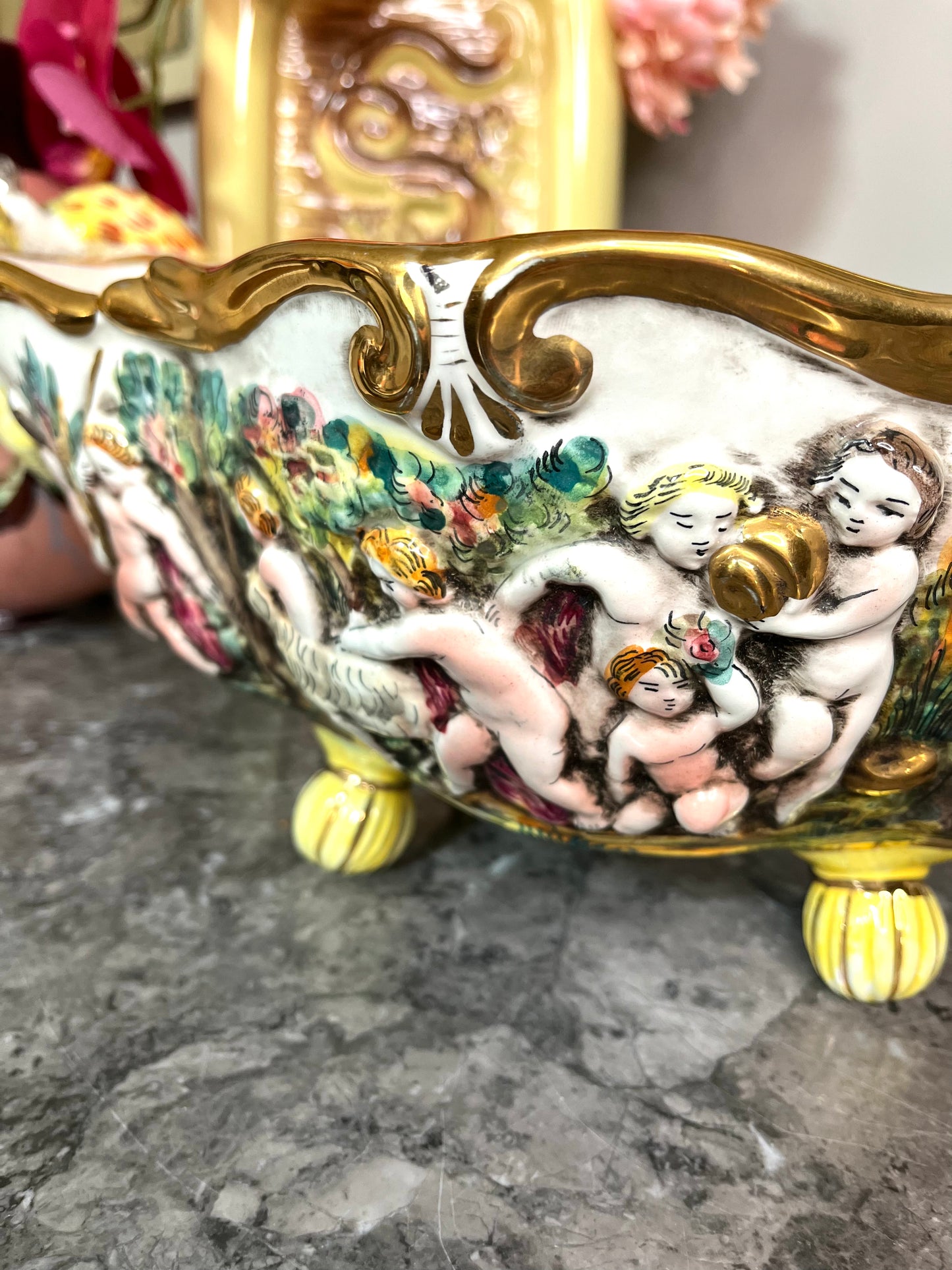 Beautiful Large Vintage Capodimonte Hand Painted Italian Planter With Relief Children and Lambs