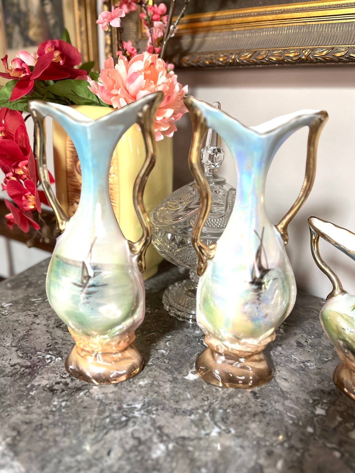 Mid Century Italian Hand Painted 3 Piece Porcelain Garniture