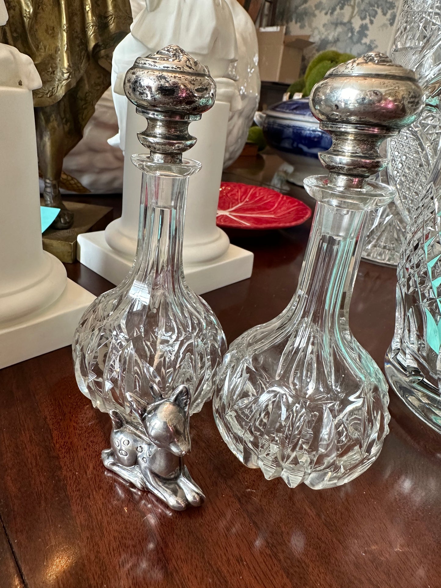 Reserved for Sandy-Pair Crystal & Sterling Bottles & Silver Deer Ornament